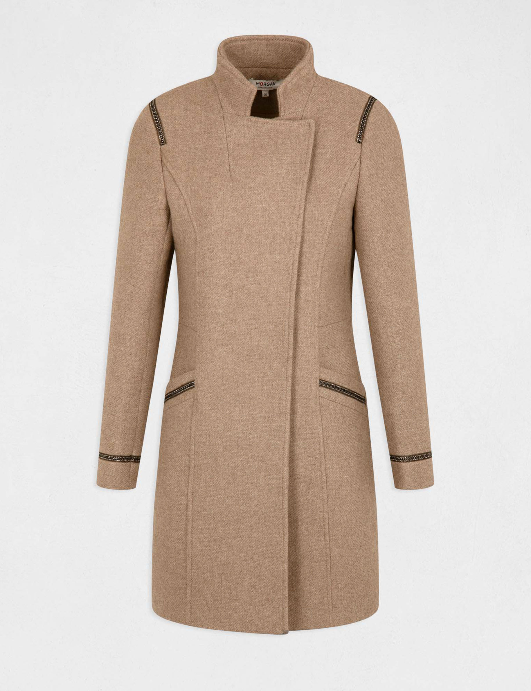 Manteau droit avec détails bijoux beige femme Manteau droit avec détails bijoux beige femme