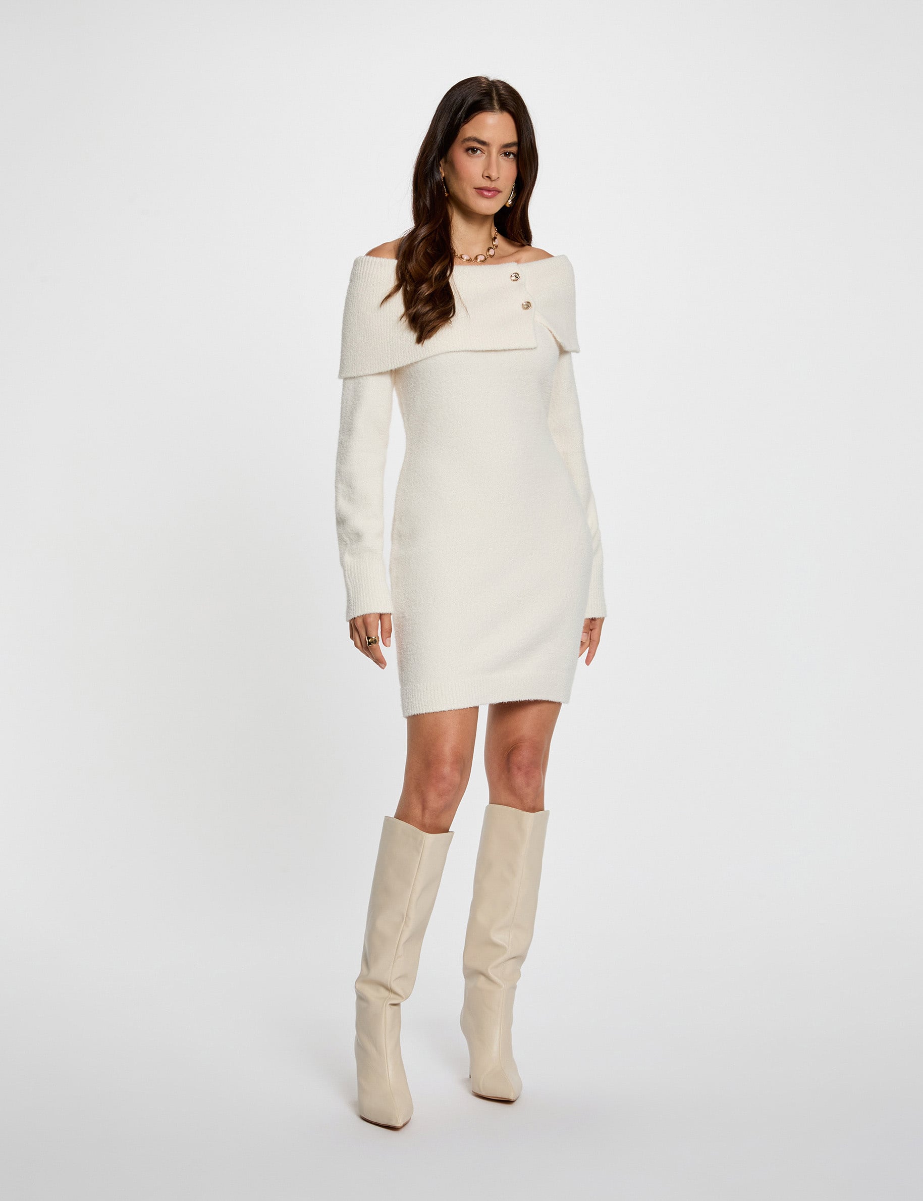 Robe tricot col bardot ivoire femme