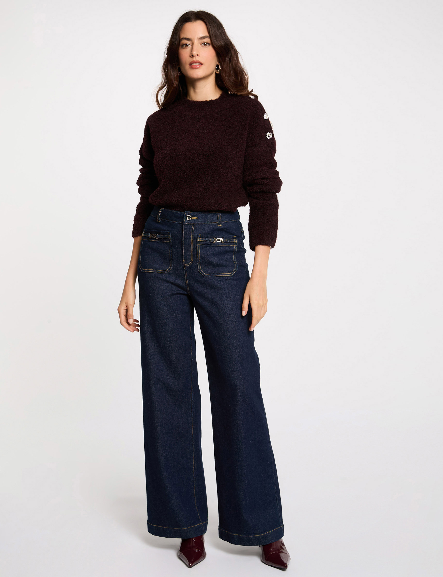 pull col montant et boutons prune femme Pull col montant et boutons prune femme