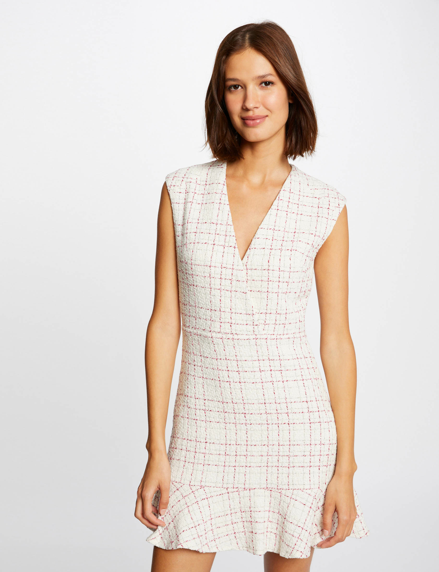 Robe ajustée sans manches à carreaux ecru femme