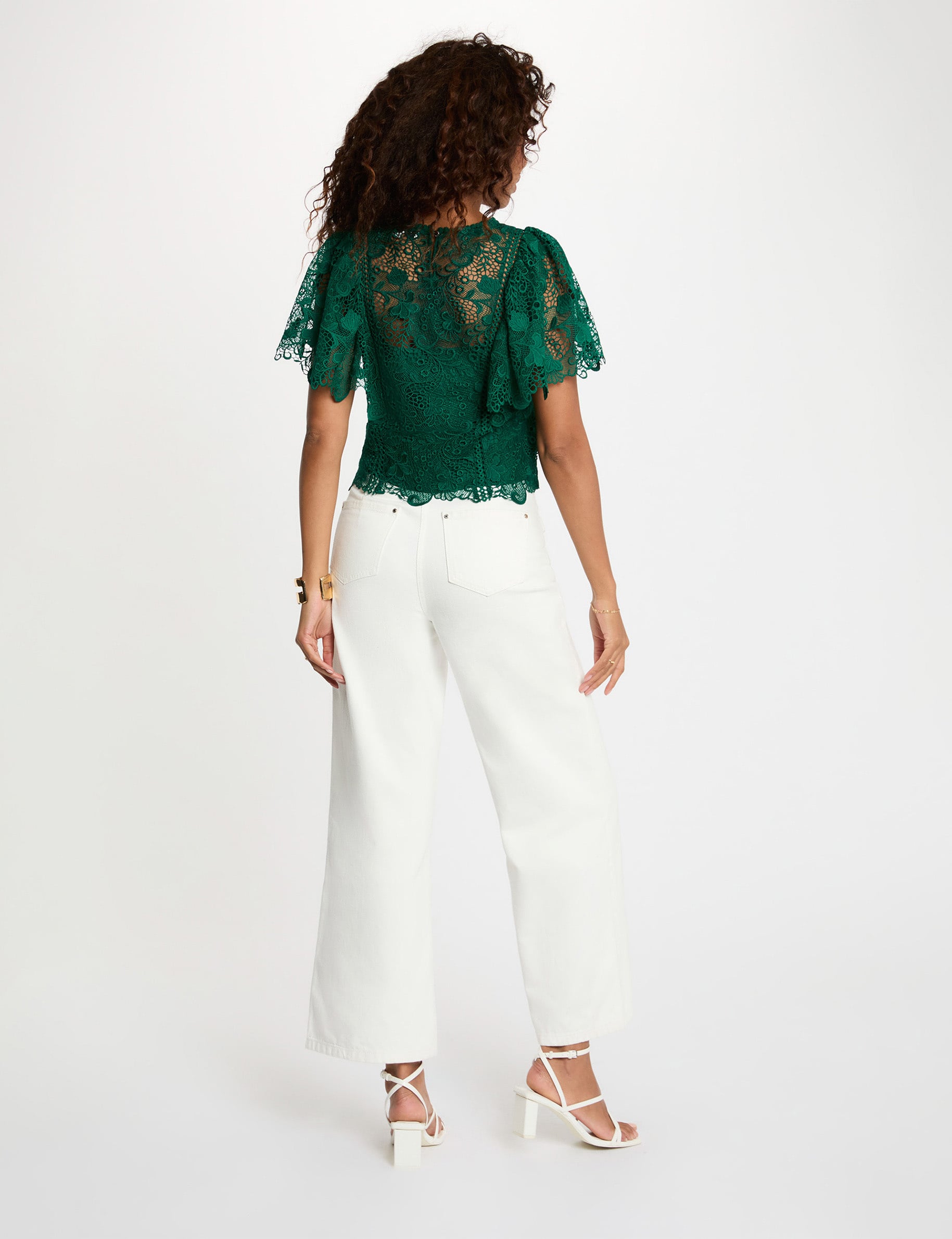 Top dentelle col rond vert femme