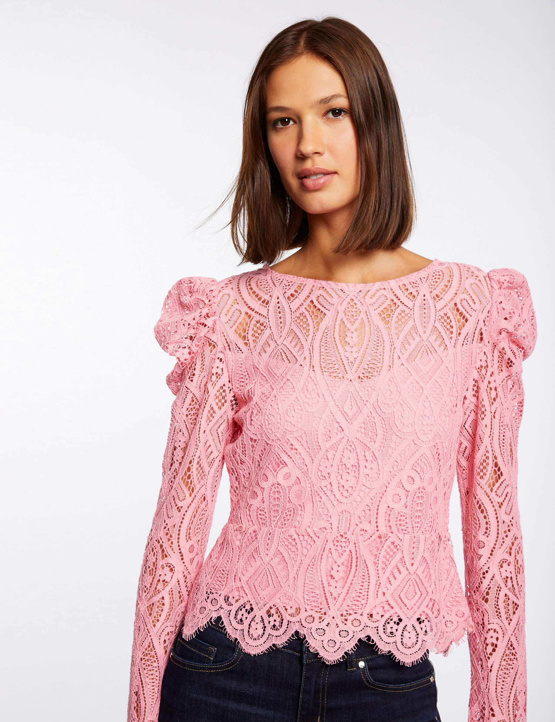 T-shirt manches longues à dentelle rose moyen femme T-shirt manches longues à dentelle rose moyen femme