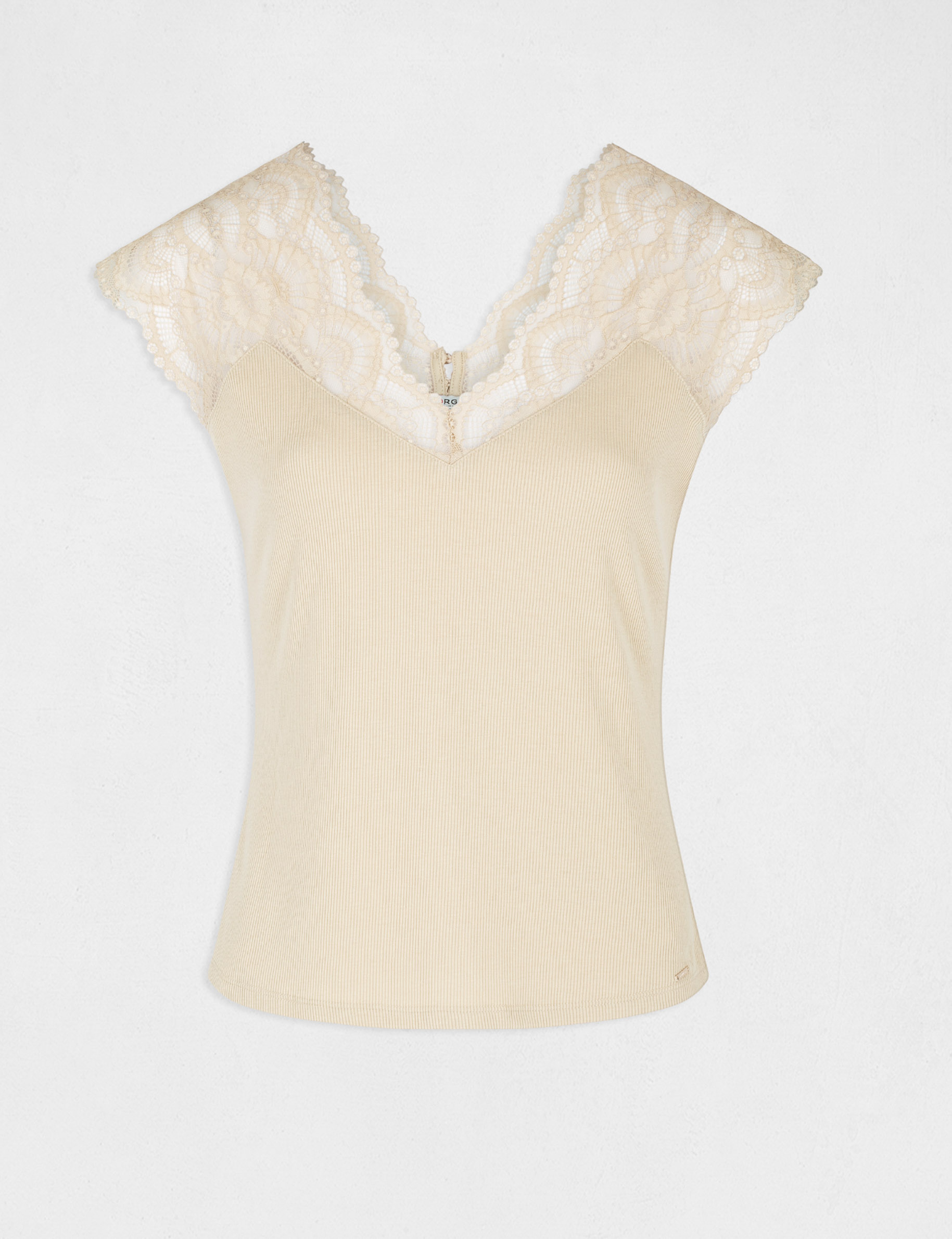 T-shirt manches courtes à dentelle beige femme
