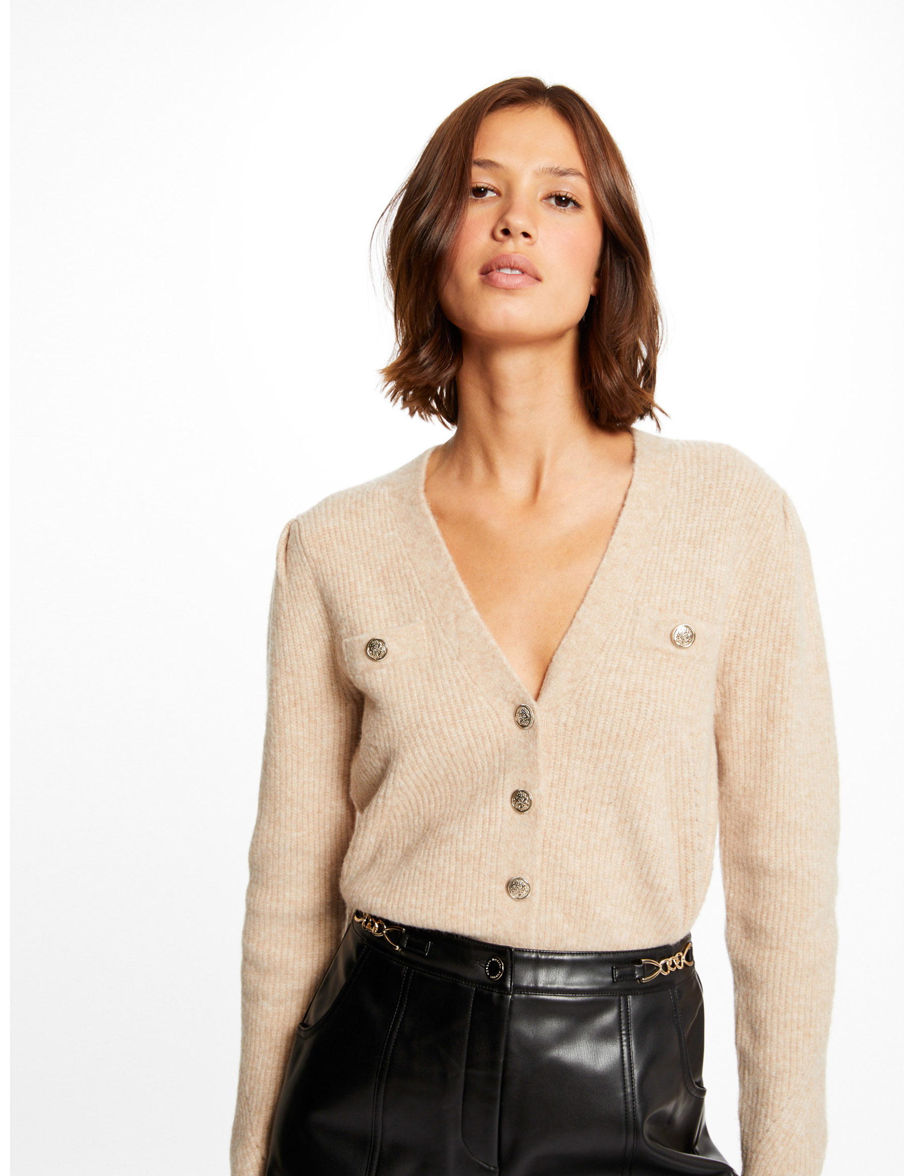 Gilet manches longues boutonné beige femme