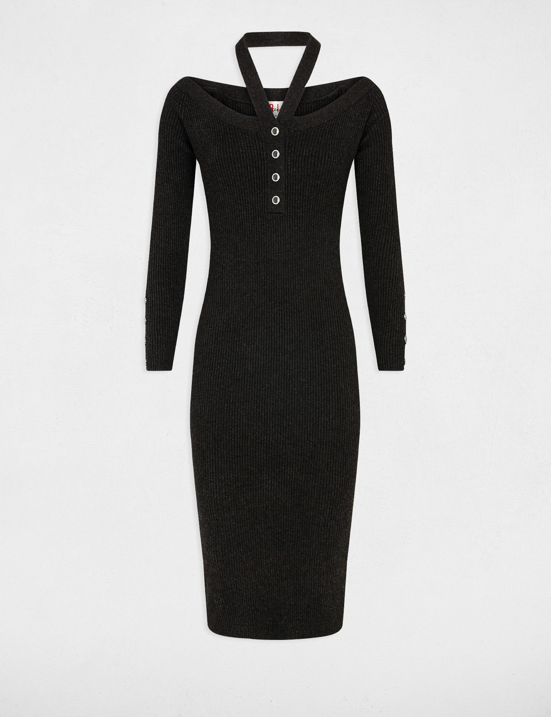 Robe pull ajustée col bardot gris anthracite femme