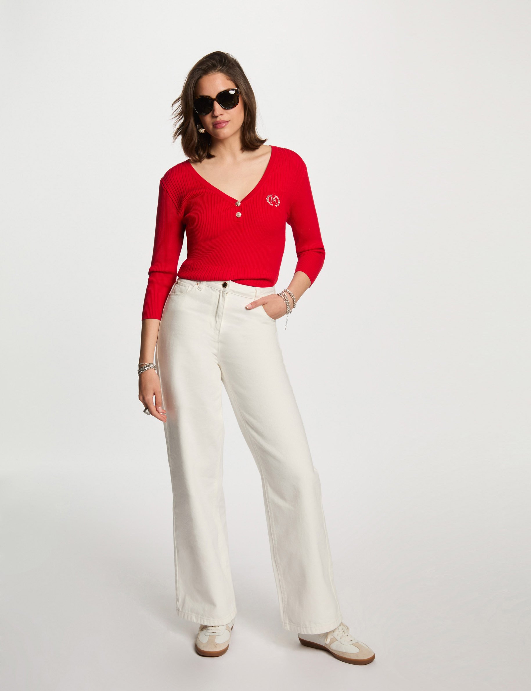 pull col en v cotele rouge femme Pull col en V côtelé rouge femme