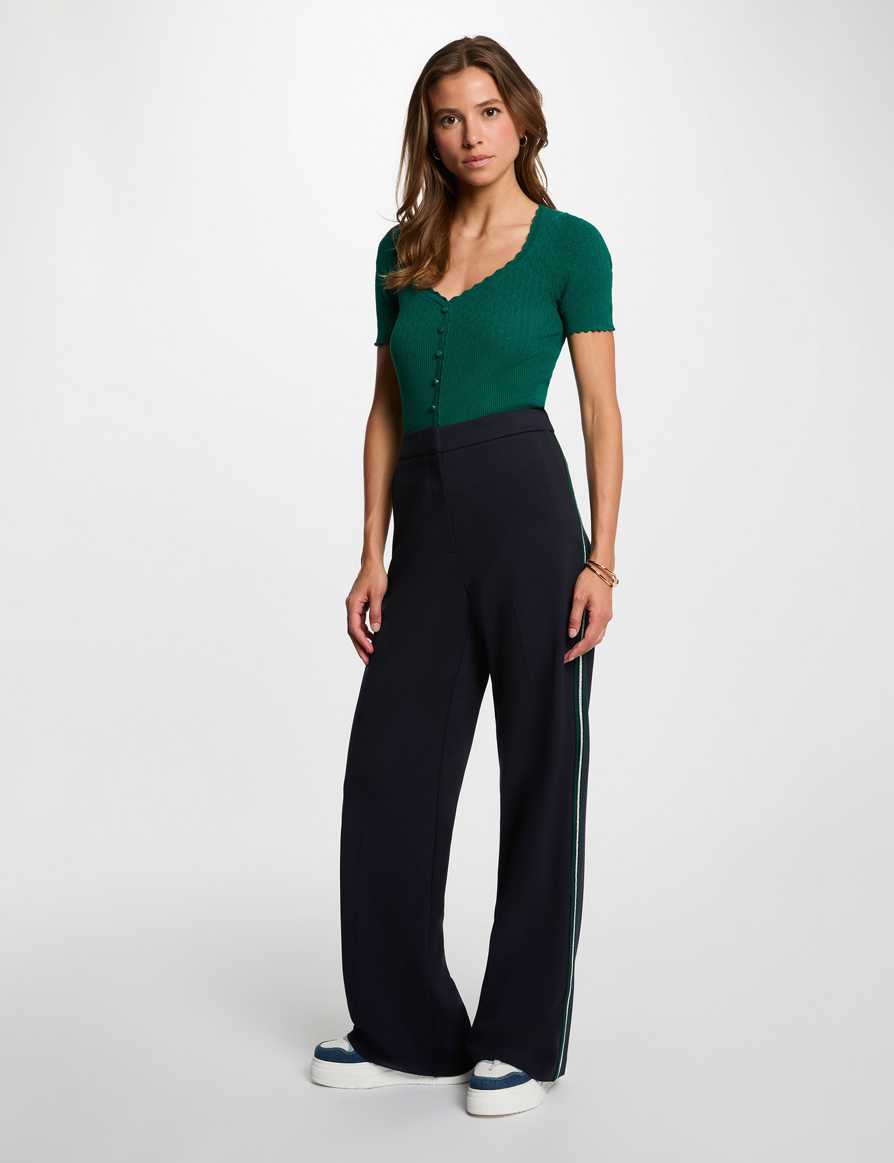 Pantalon large bandes c&ocirc;t&eacute;s bleu marine femme