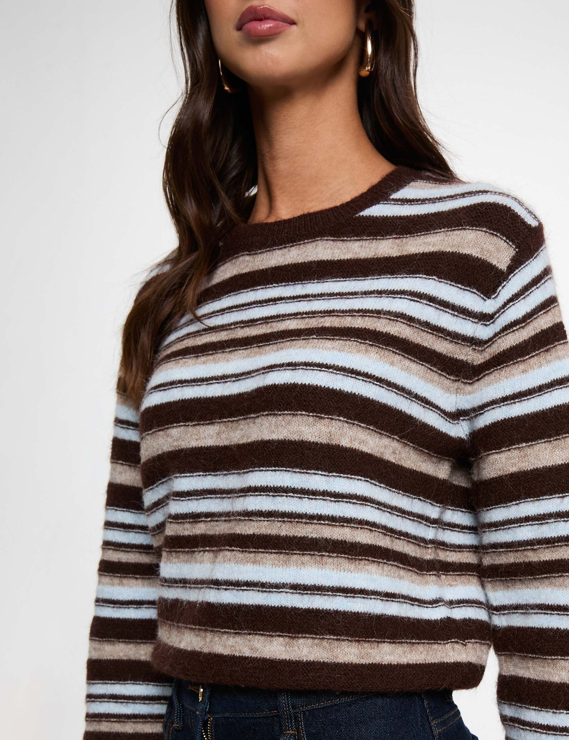 Pull ray&eacute; col rond beige femme