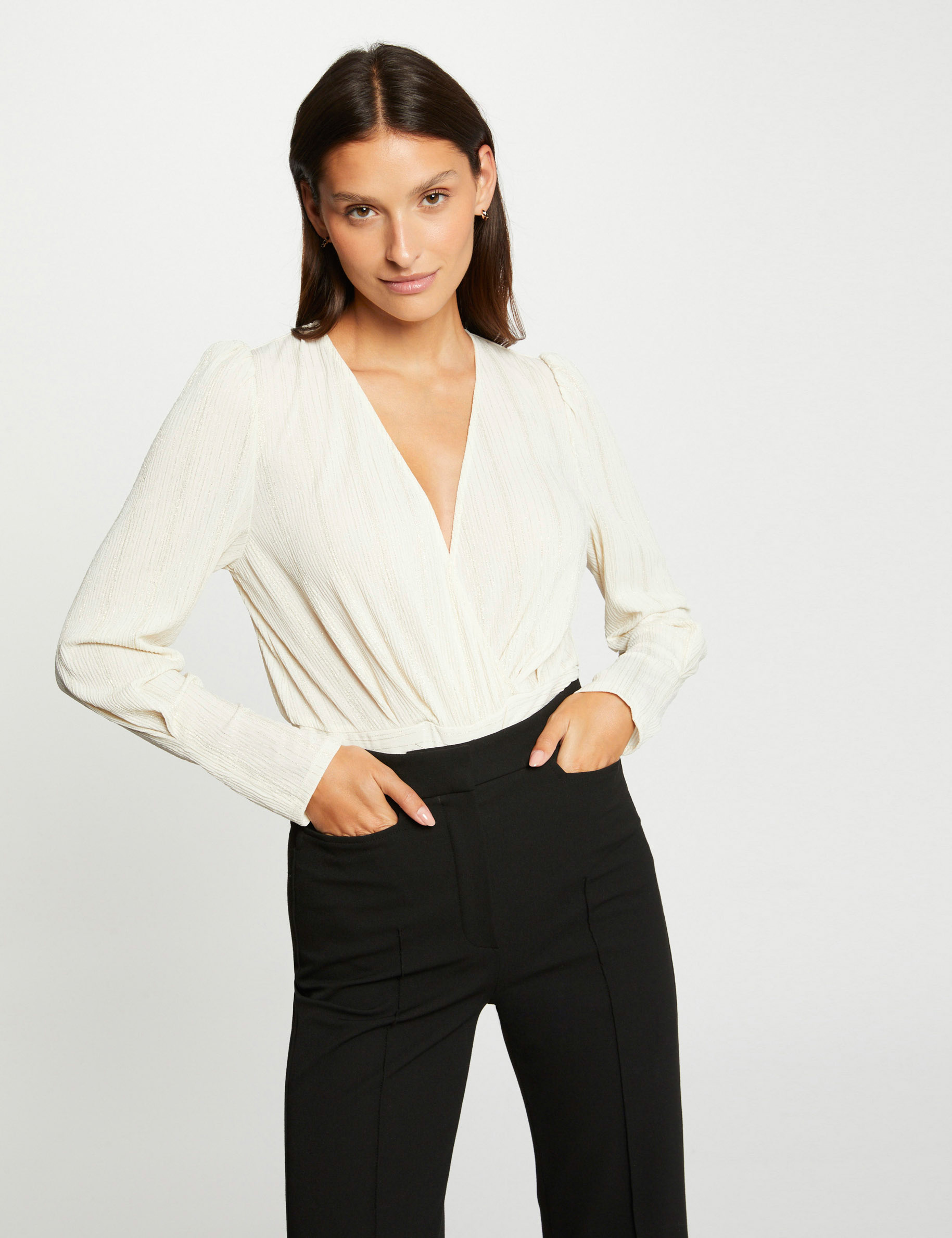 Blouse manches longues col cache-coeur ecru femme