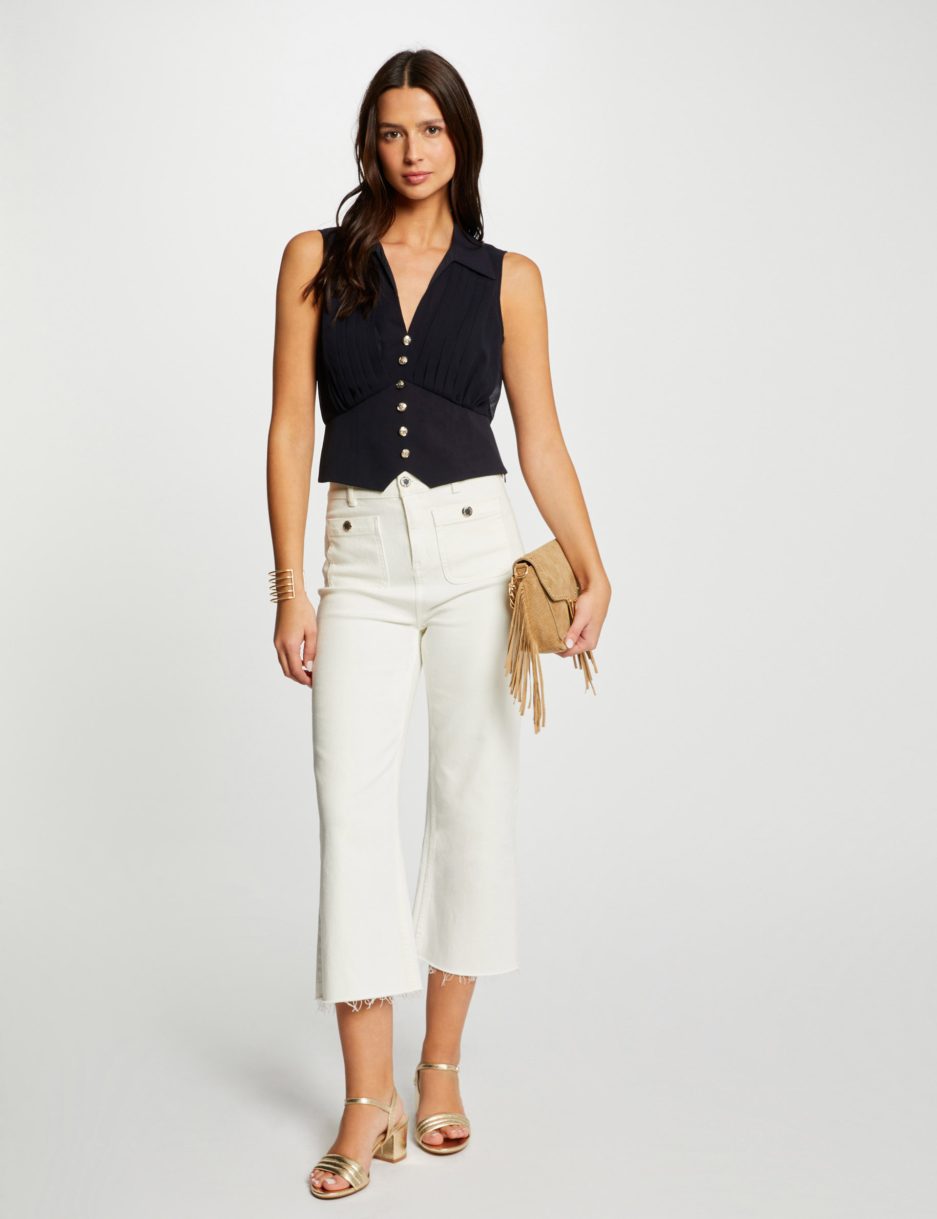 top plisse sans manches bleu marine femme Top plissé sans manches bleu marine femme