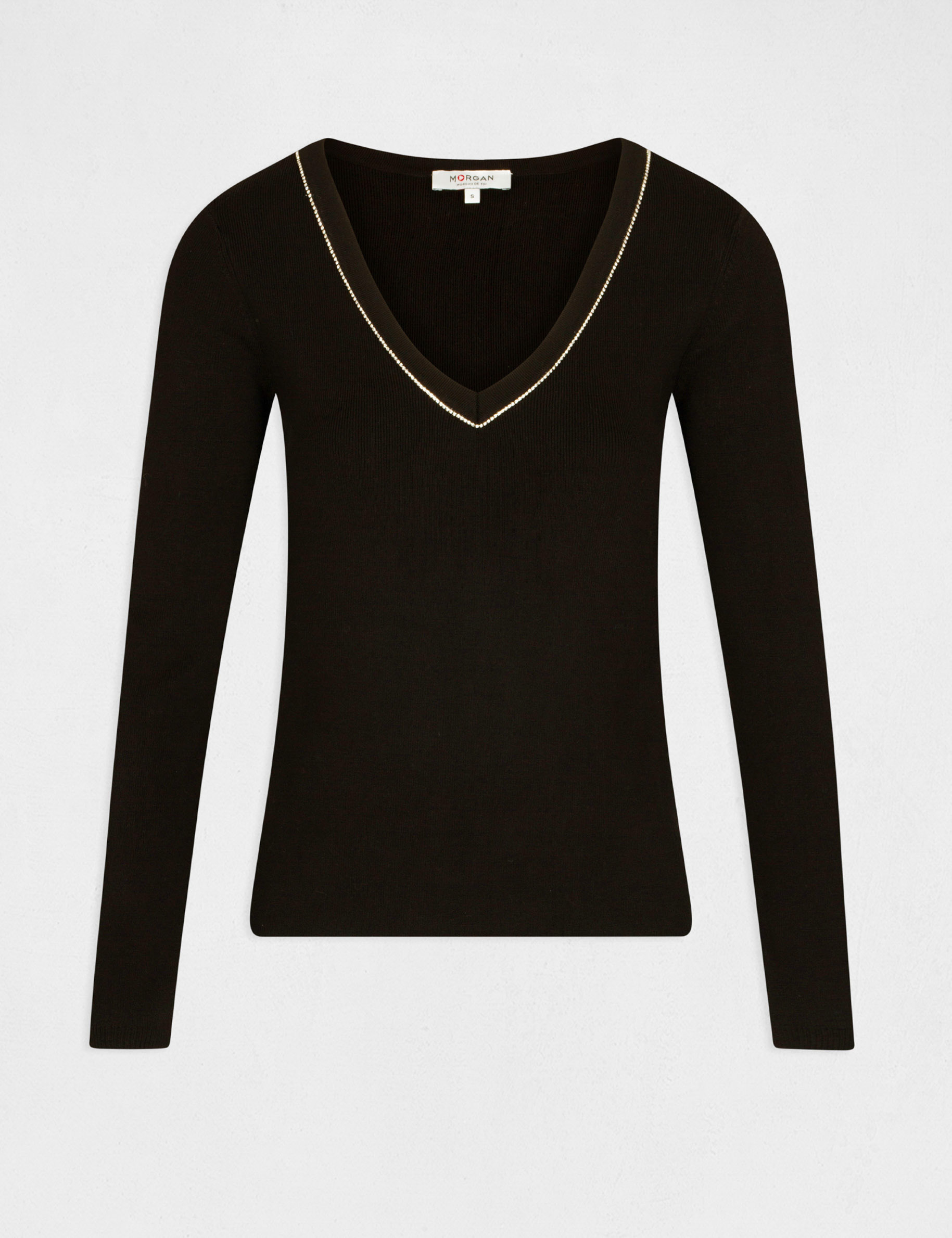 Pull manches longues à col en V noir femme Pull manches longues à col en V noir femme