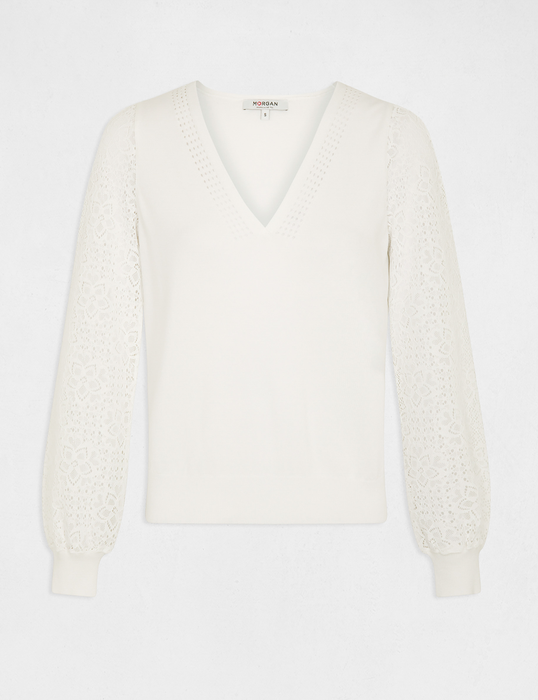 Pull manches longues en dentelle ecru femme Pull manches longues en dentelle ecru femme