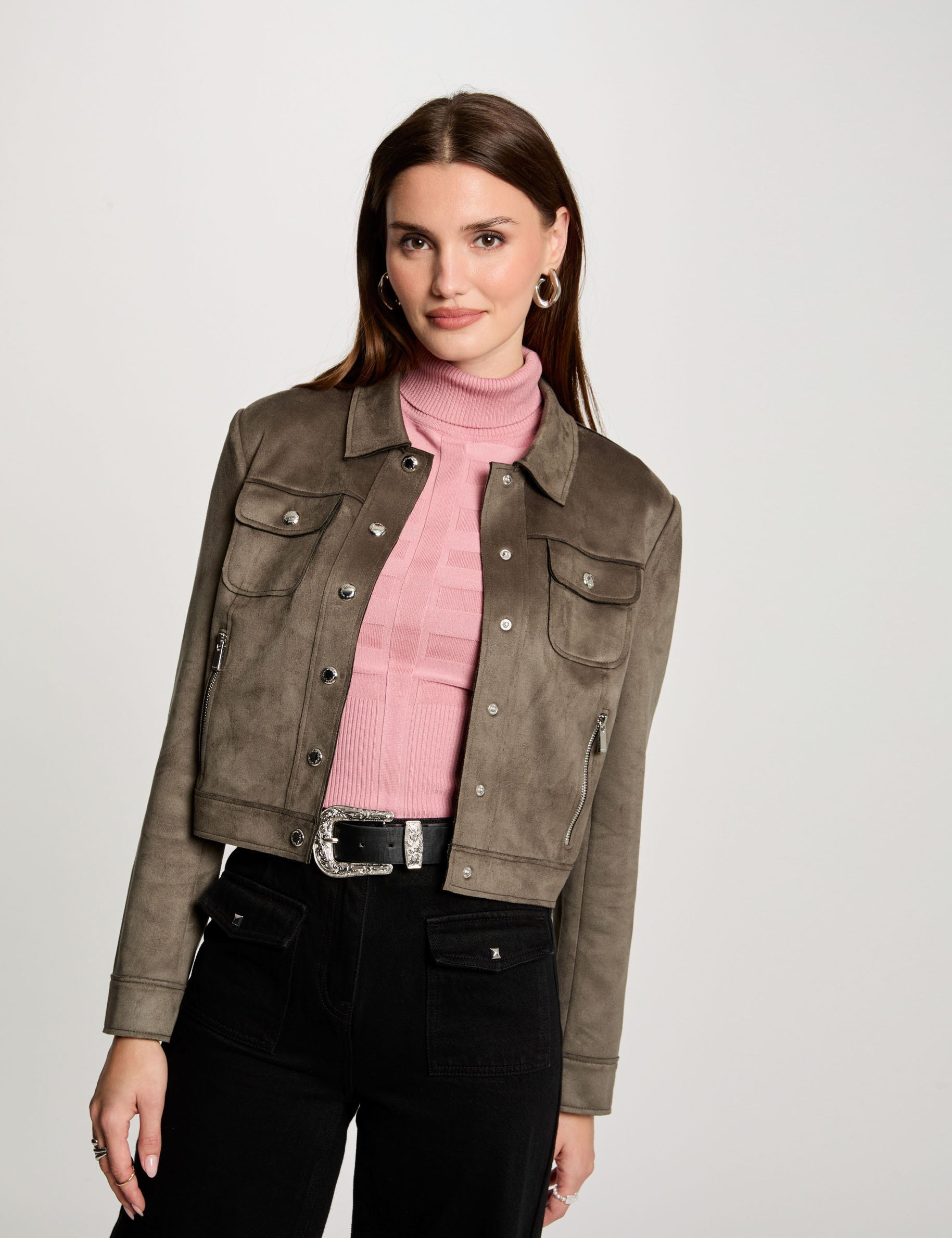blouson suedine boutonne vert kaki femme Blouson suédine boutonné vert kaki femme