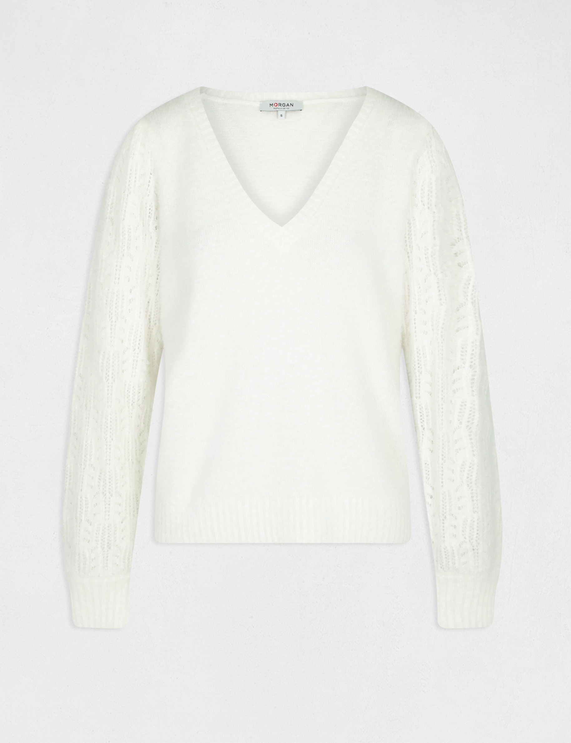 Pull manches longues ajourées ecru femme