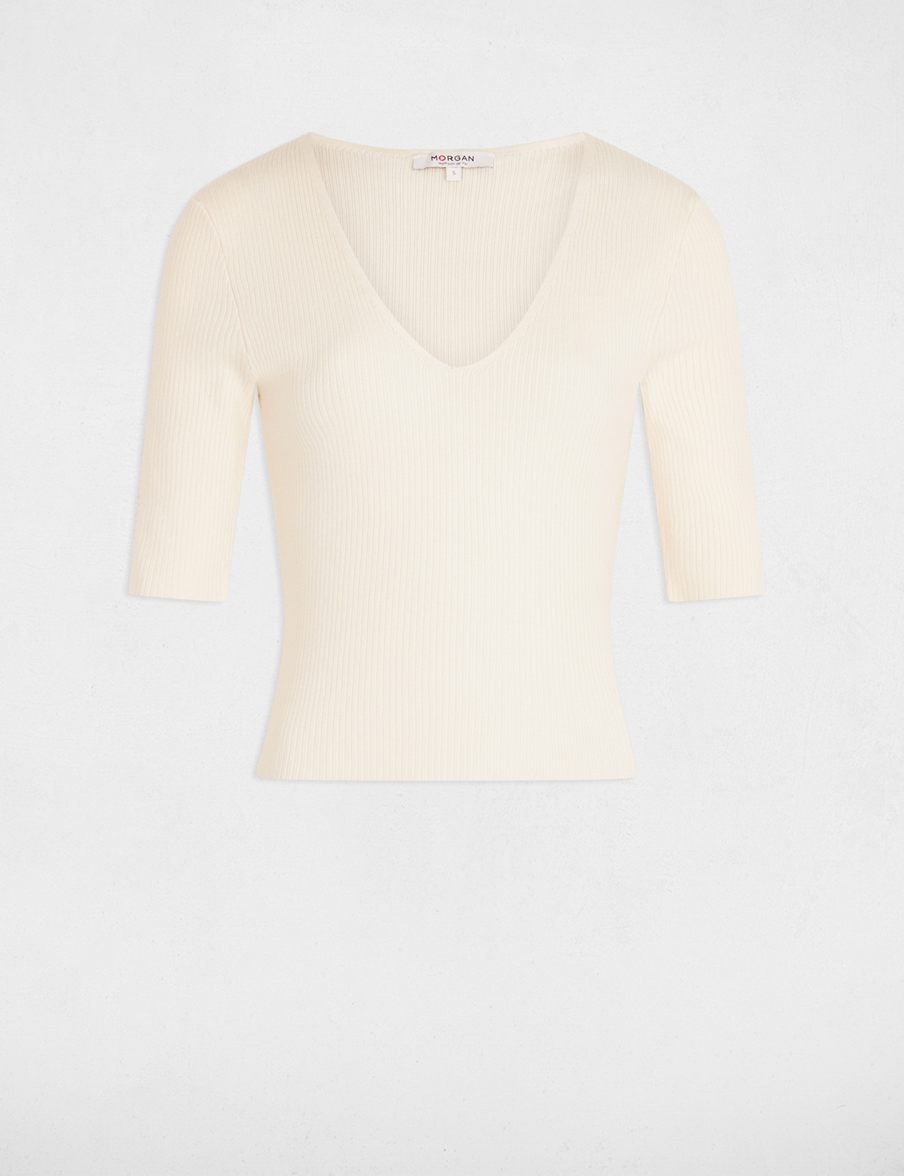 Pull col en V ivoire femme