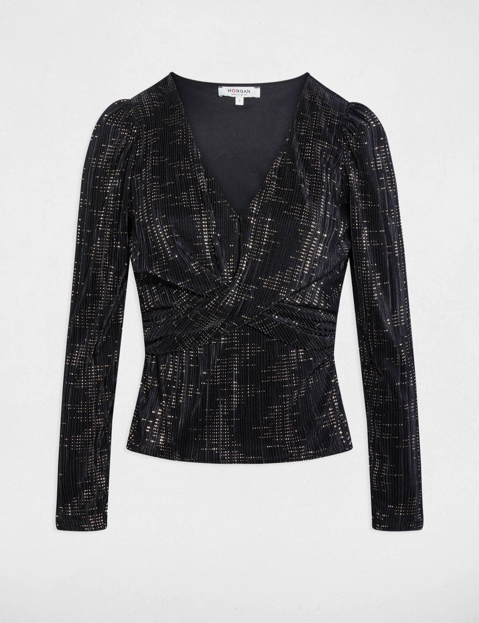 T-shirt pliss&eacute; col v noir femme
