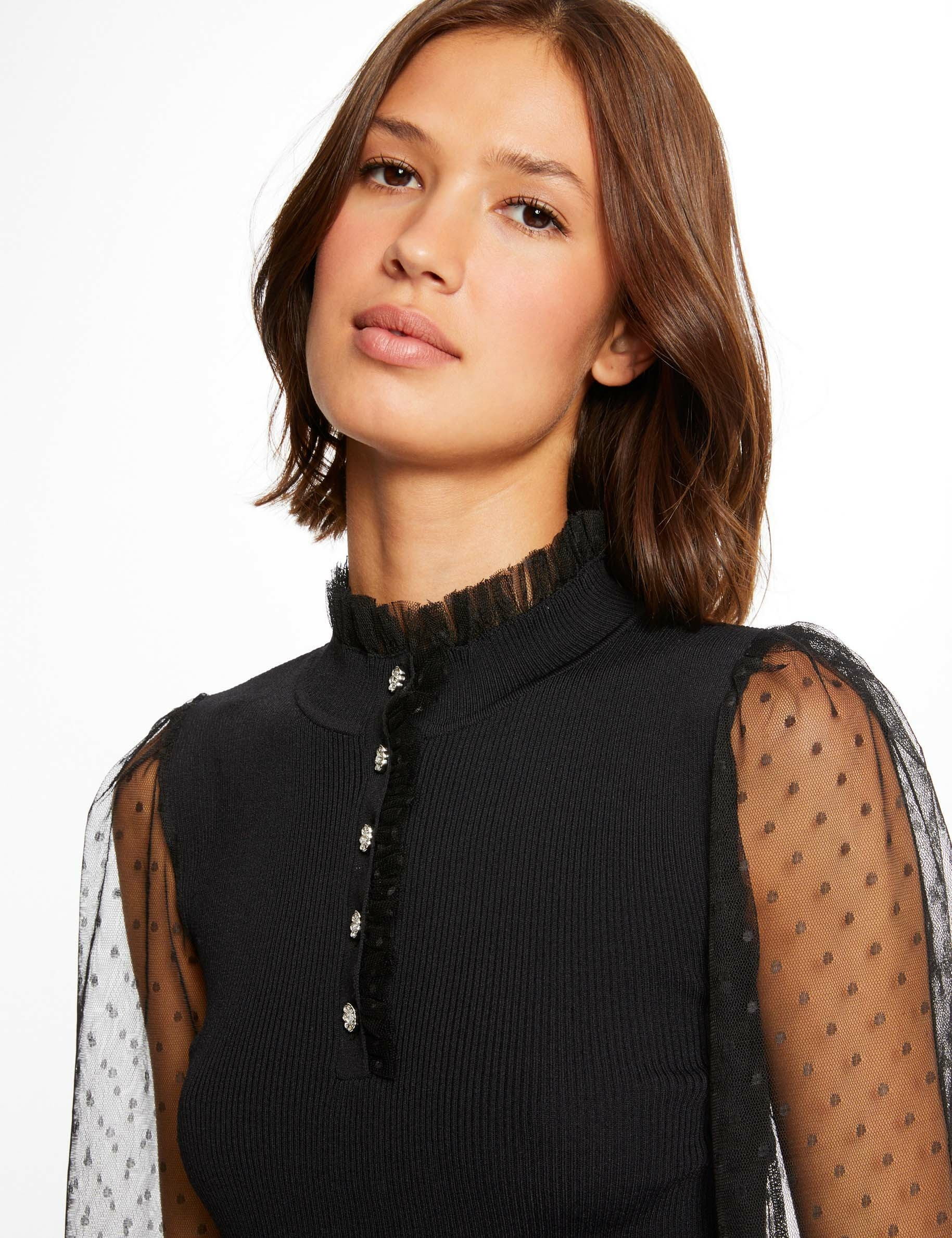 Pull manches longues en plumetis noir femme Pull manches longues en plumetis noir femme