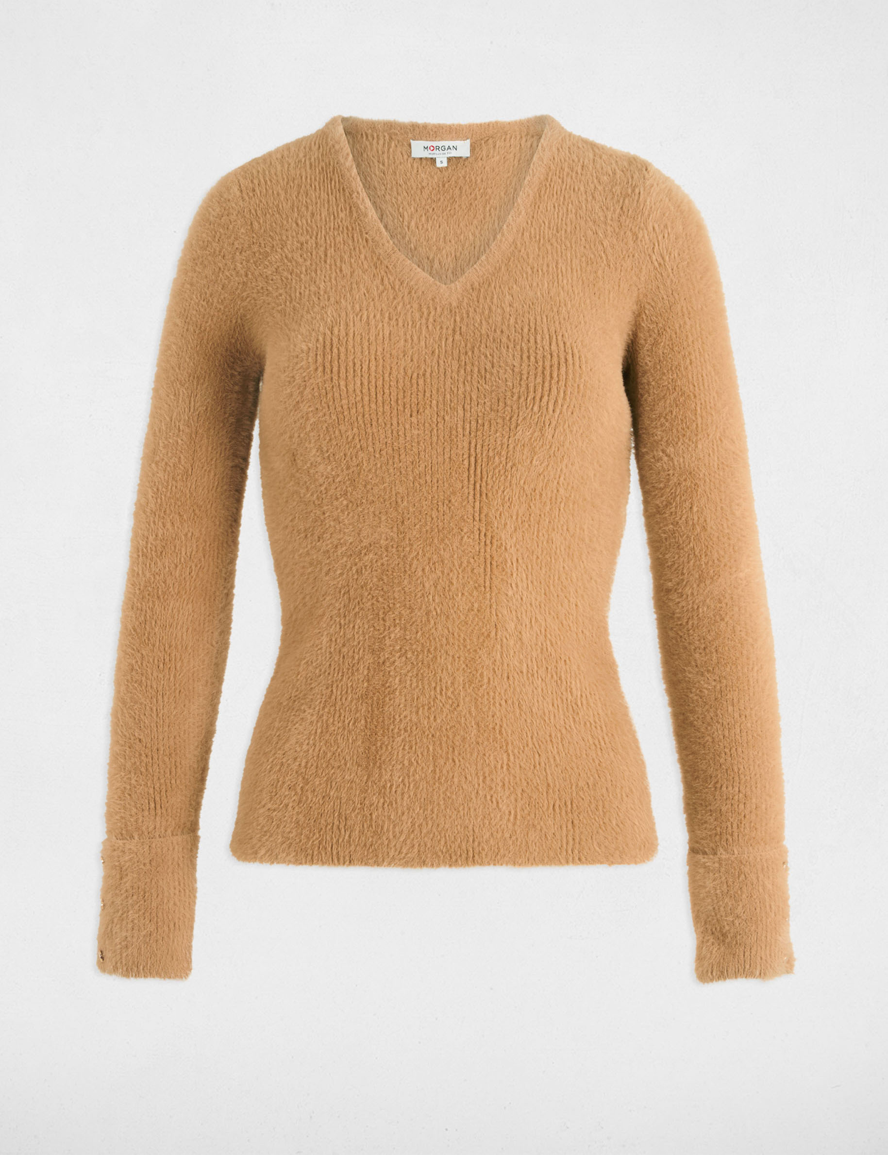 Pull manches longues maille duveteuse camel femme Morgan