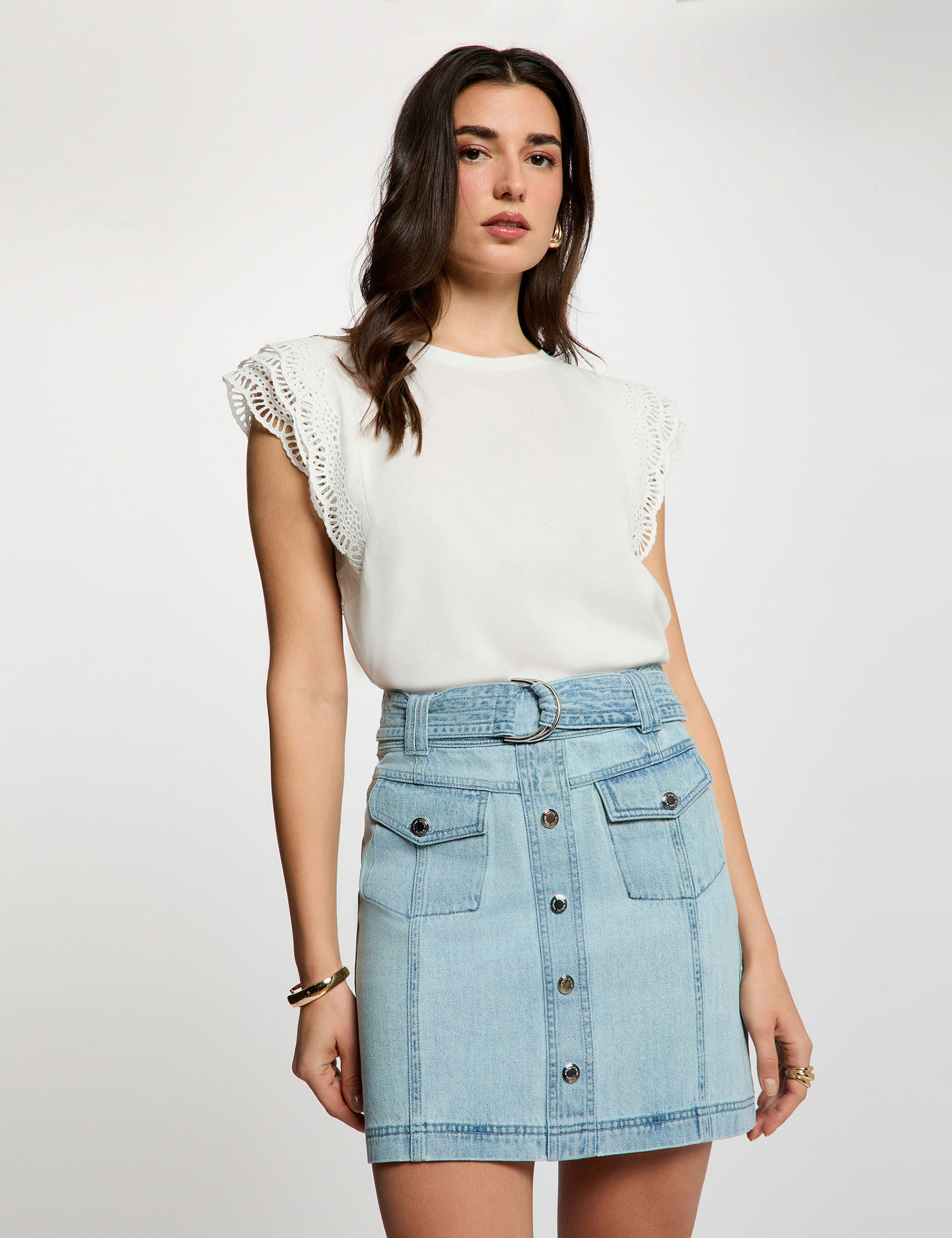 Jupe courte en jean denim bleach femme