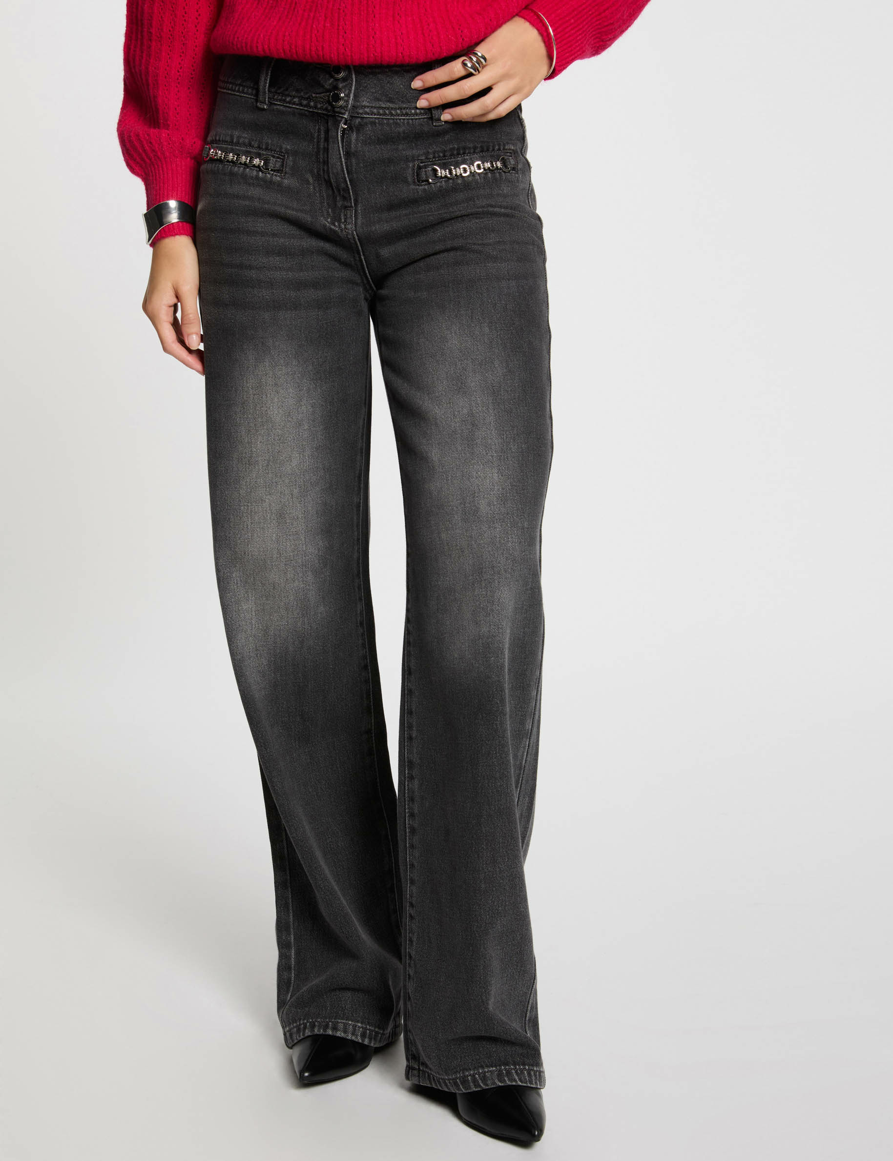 jeans large details chaines gris clair femme Jeans large détails chaînes gris clair femme
