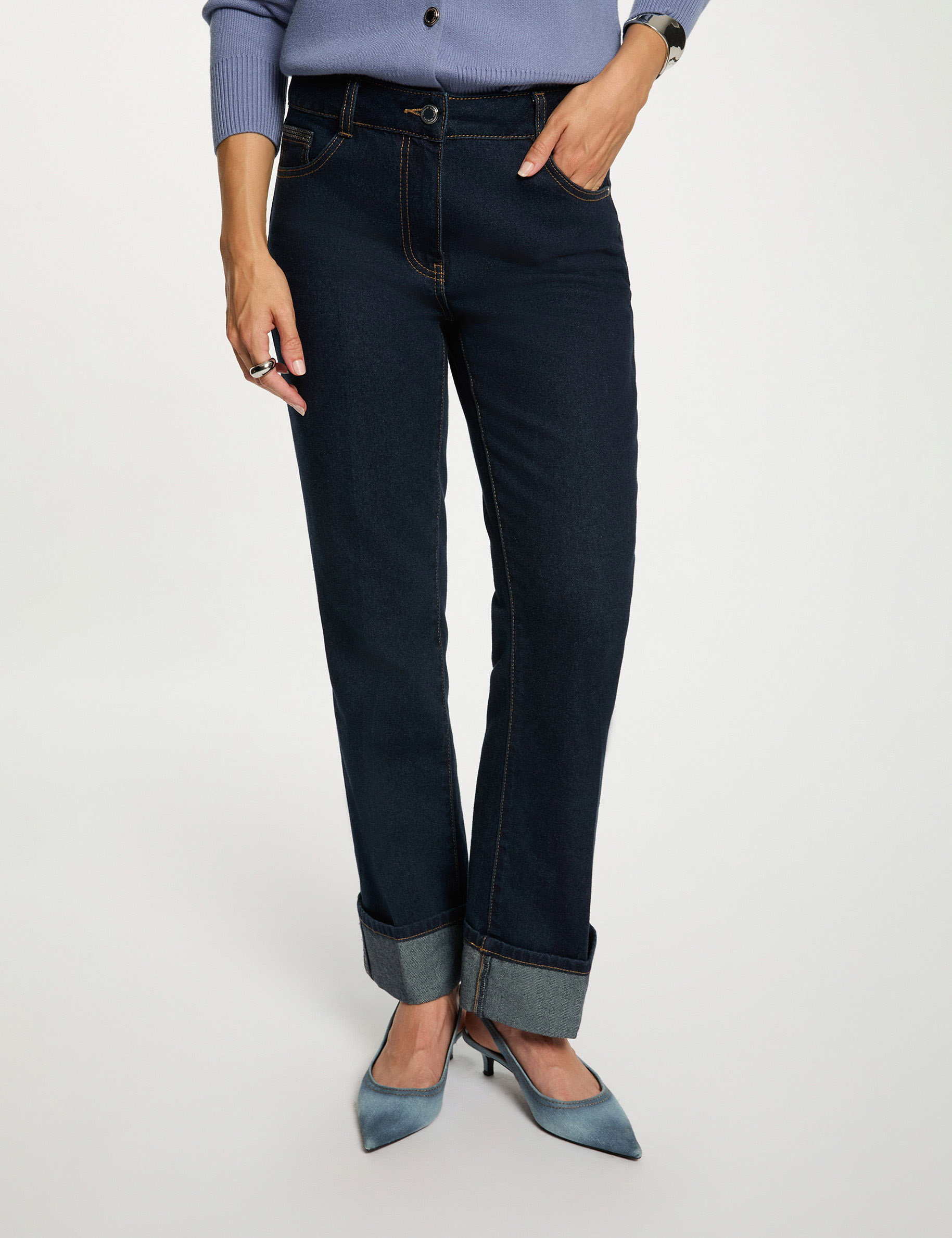 Jean droit strass denim brut femme