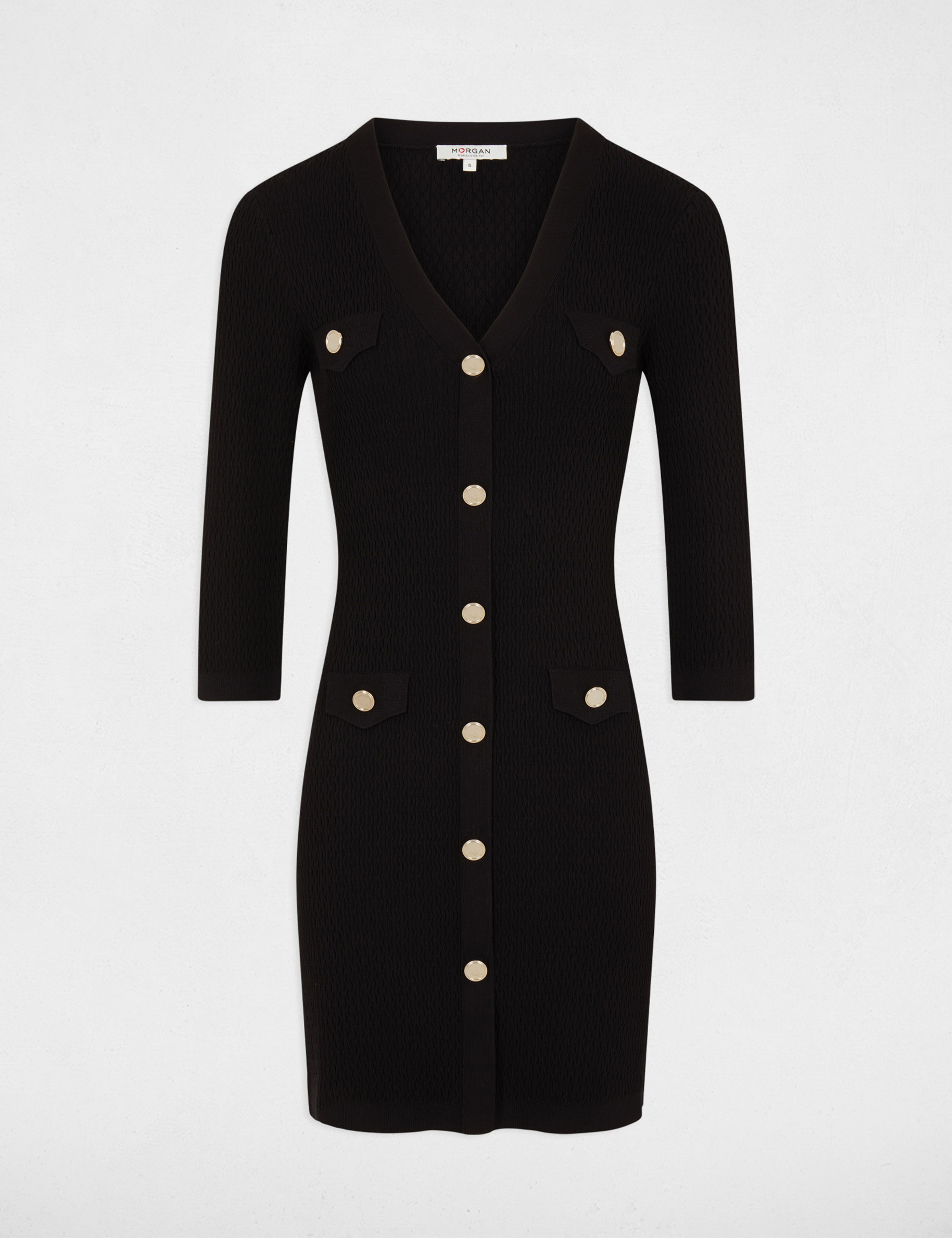 Robe pull ajust&eacute;e manches 3/4 &agrave; boutons noir femme
