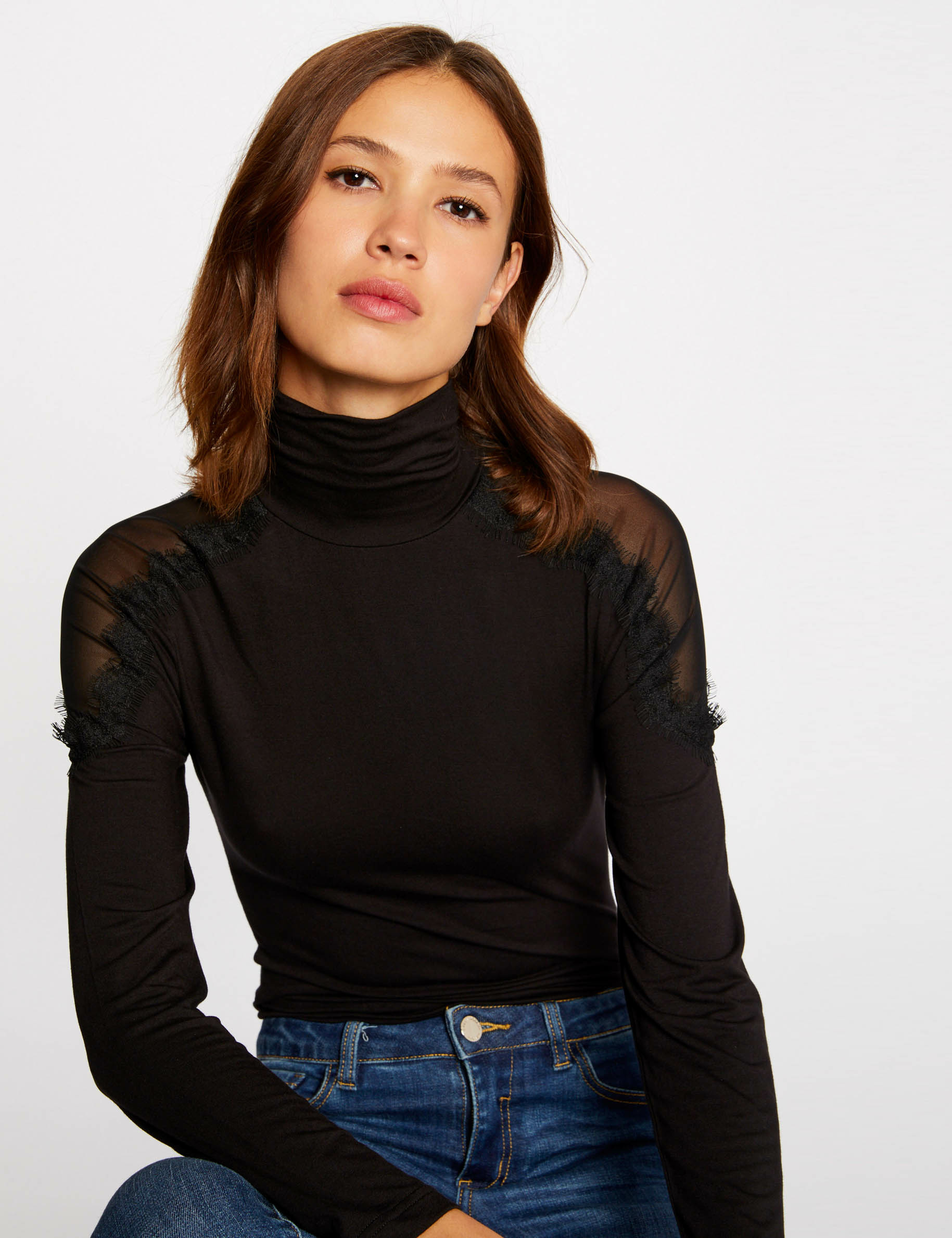 T-shirt manches longues à col roulé noir femme T-shirt manches longues à col roulé noir femme