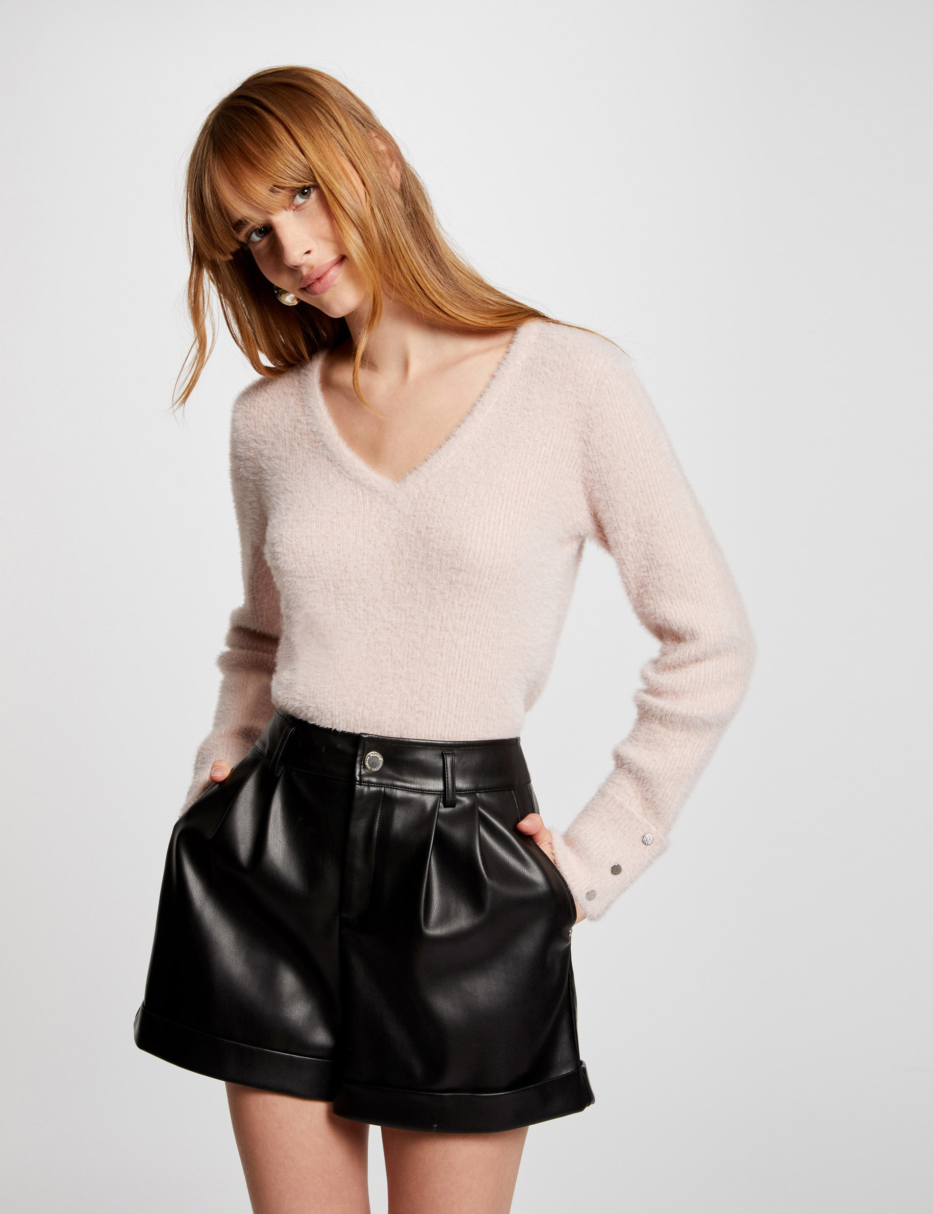 pull manches longues avec col en v rose femme Pull manches longues avec col en V rose femme