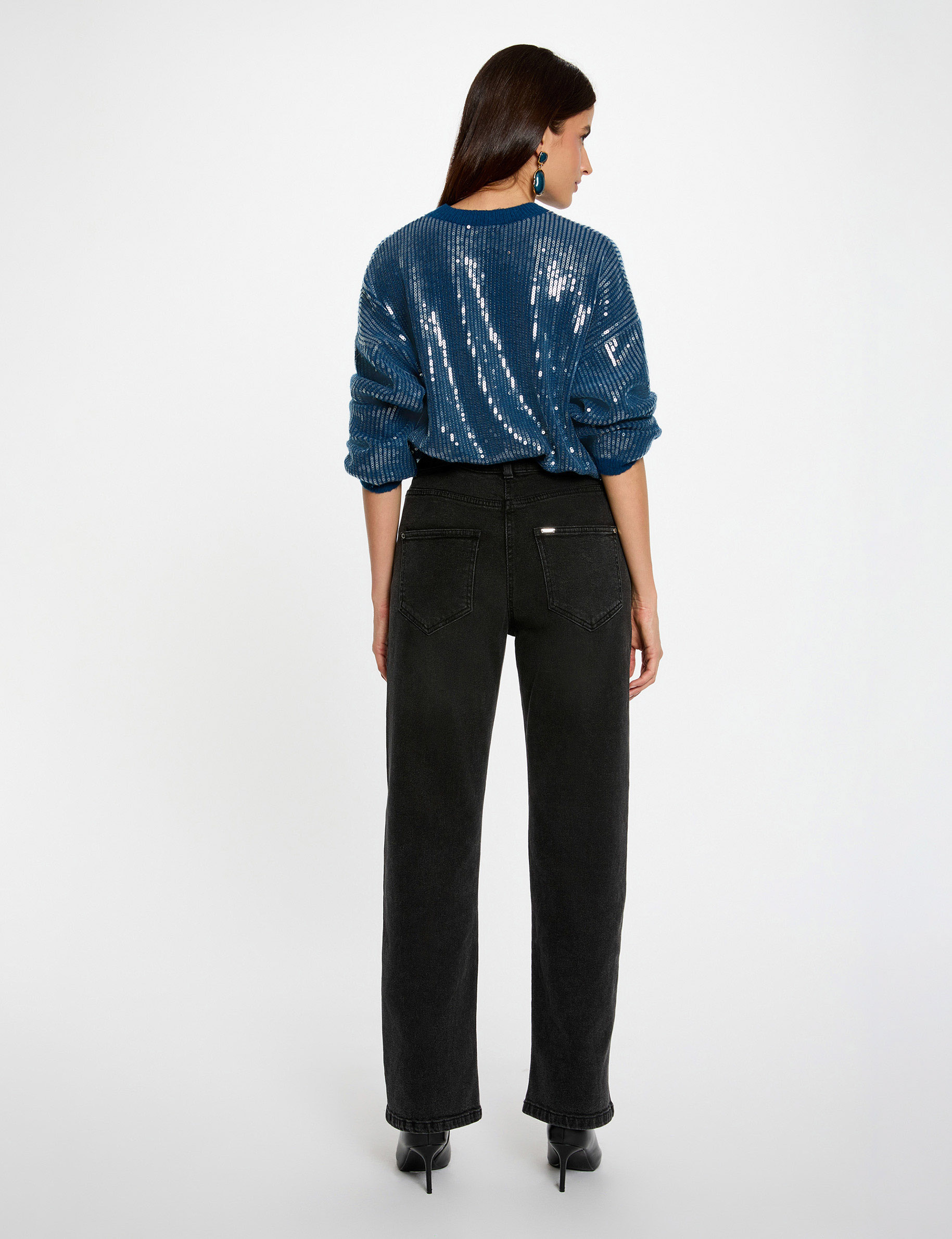 Pull sequins col rond bleu p&eacute;trole femme