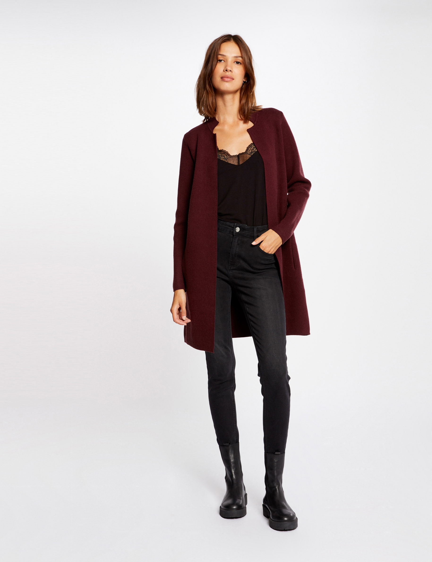 Gilet droit à col cranté rouge vin femme Morgan - Main Image