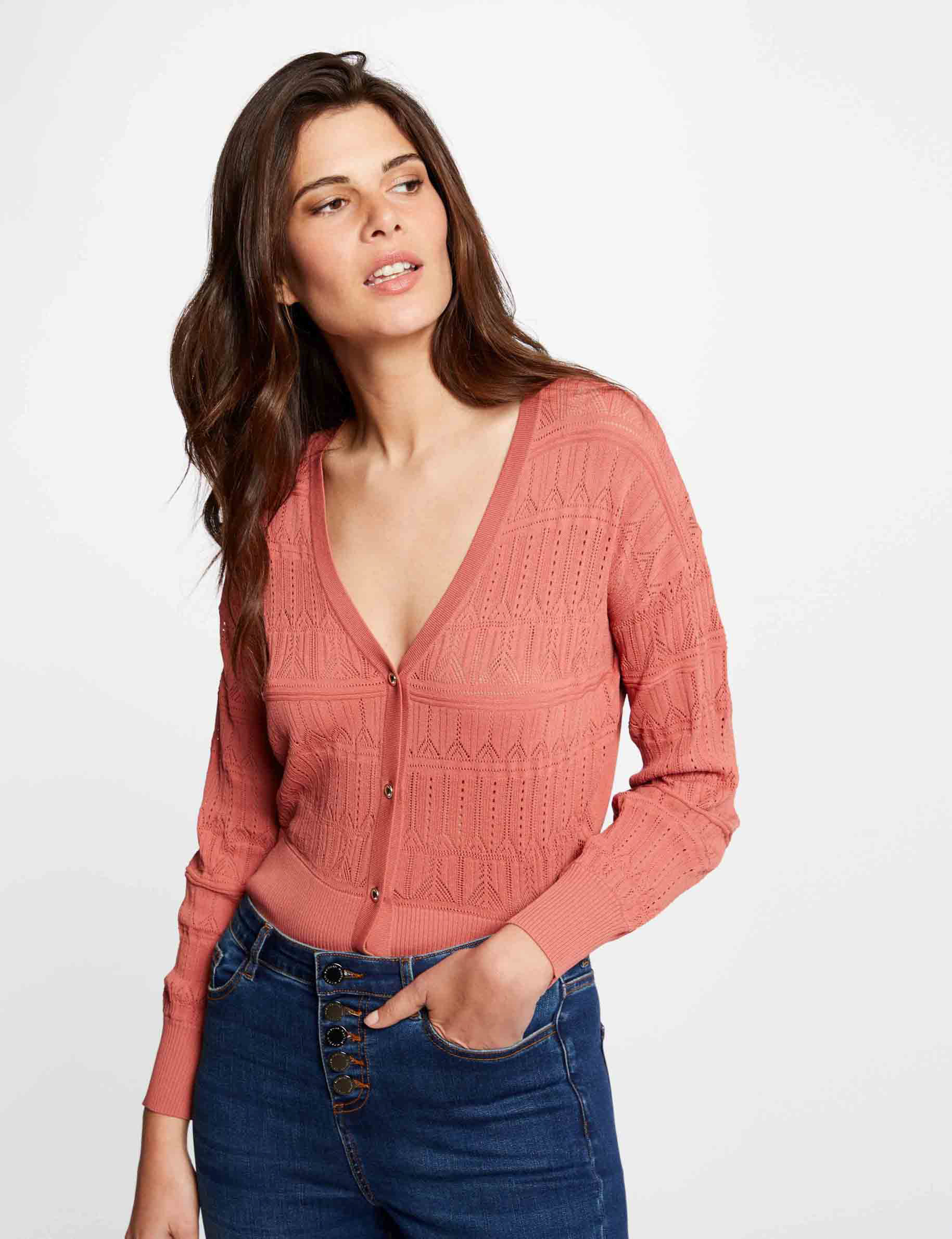 Gilet manches longues à col en V rouille femme Gilet manches longues à col en V rouille femme