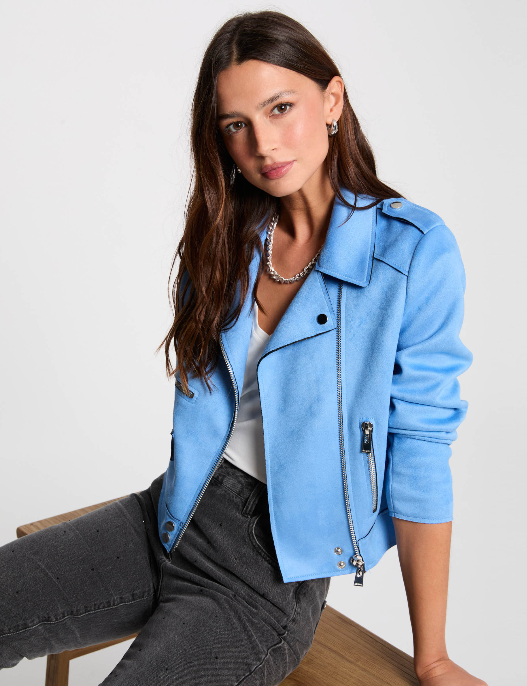 blouson court zippe suedine bleu femme Blouson court zippé suédine bleu femme