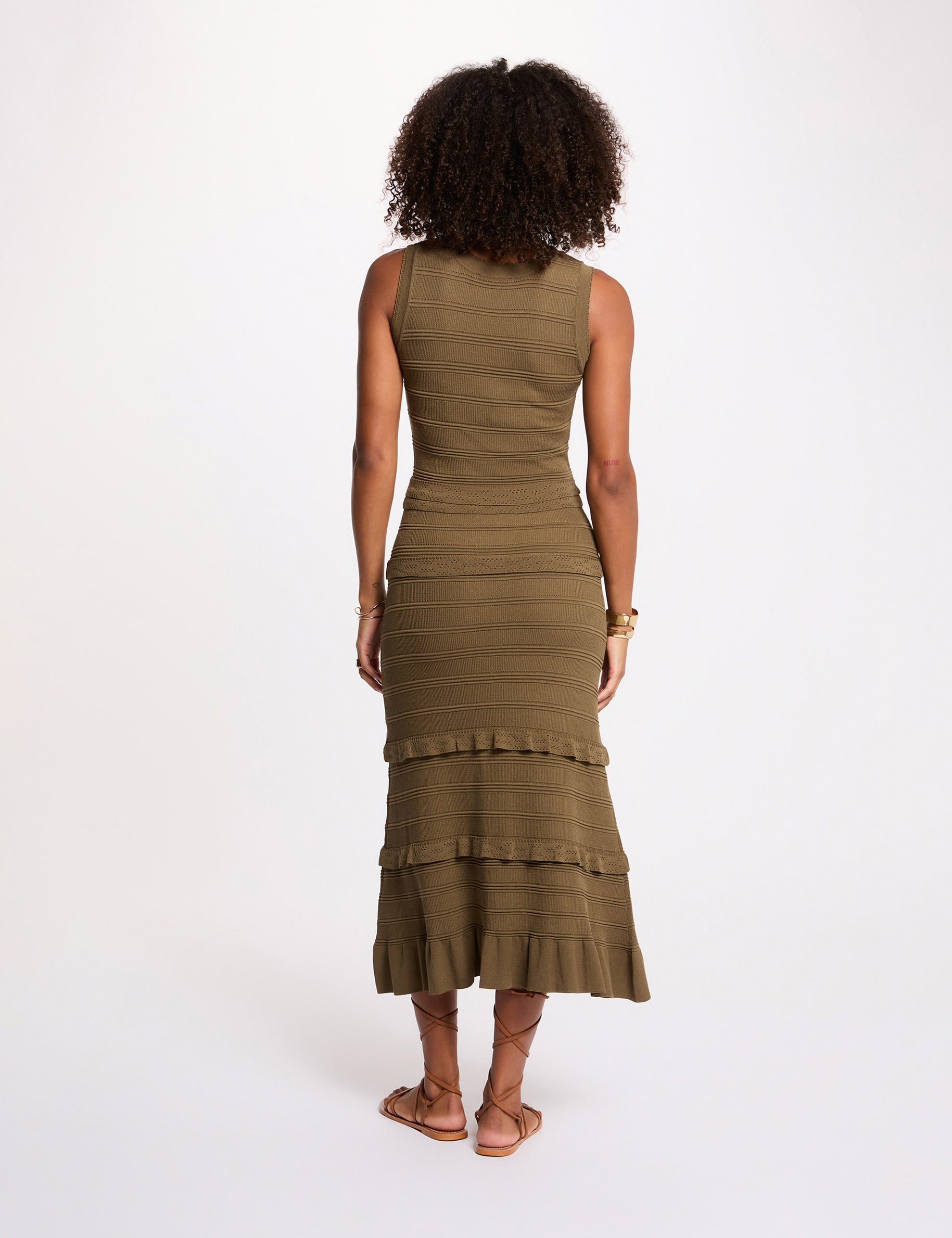 Robe tricot longue cintr&eacute;e vert kaki femme