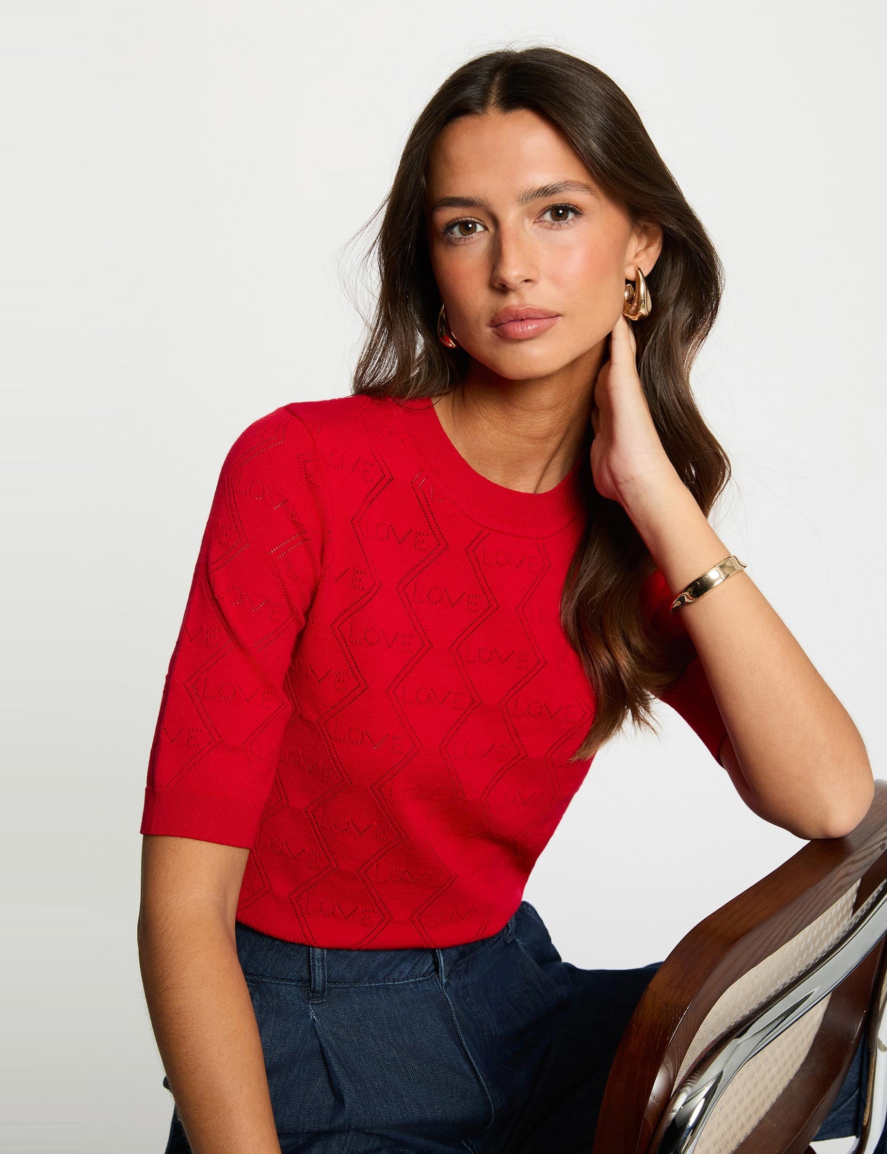 Pull ajour&eacute; manches 3/4 rouge femme