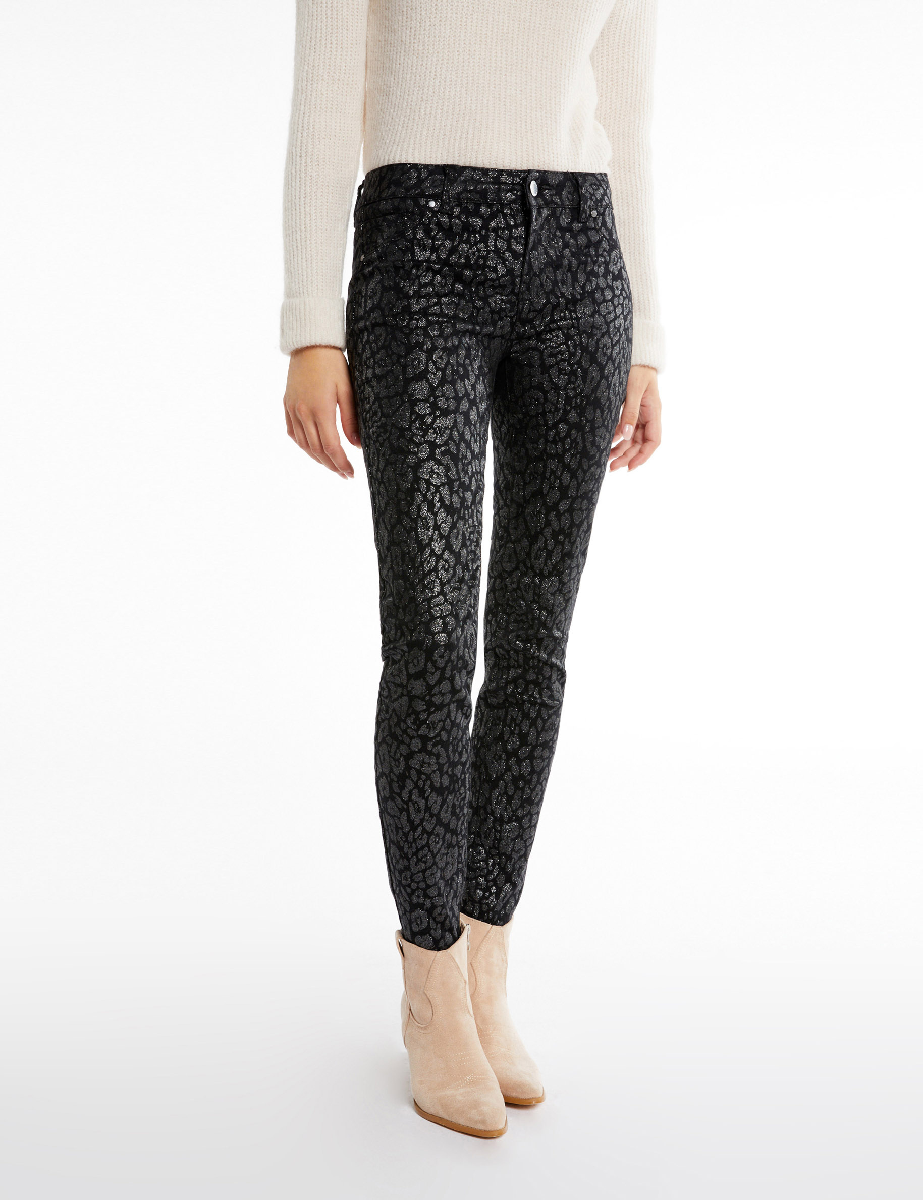 Pantalon skinny enduit imprimé léopard noir femme