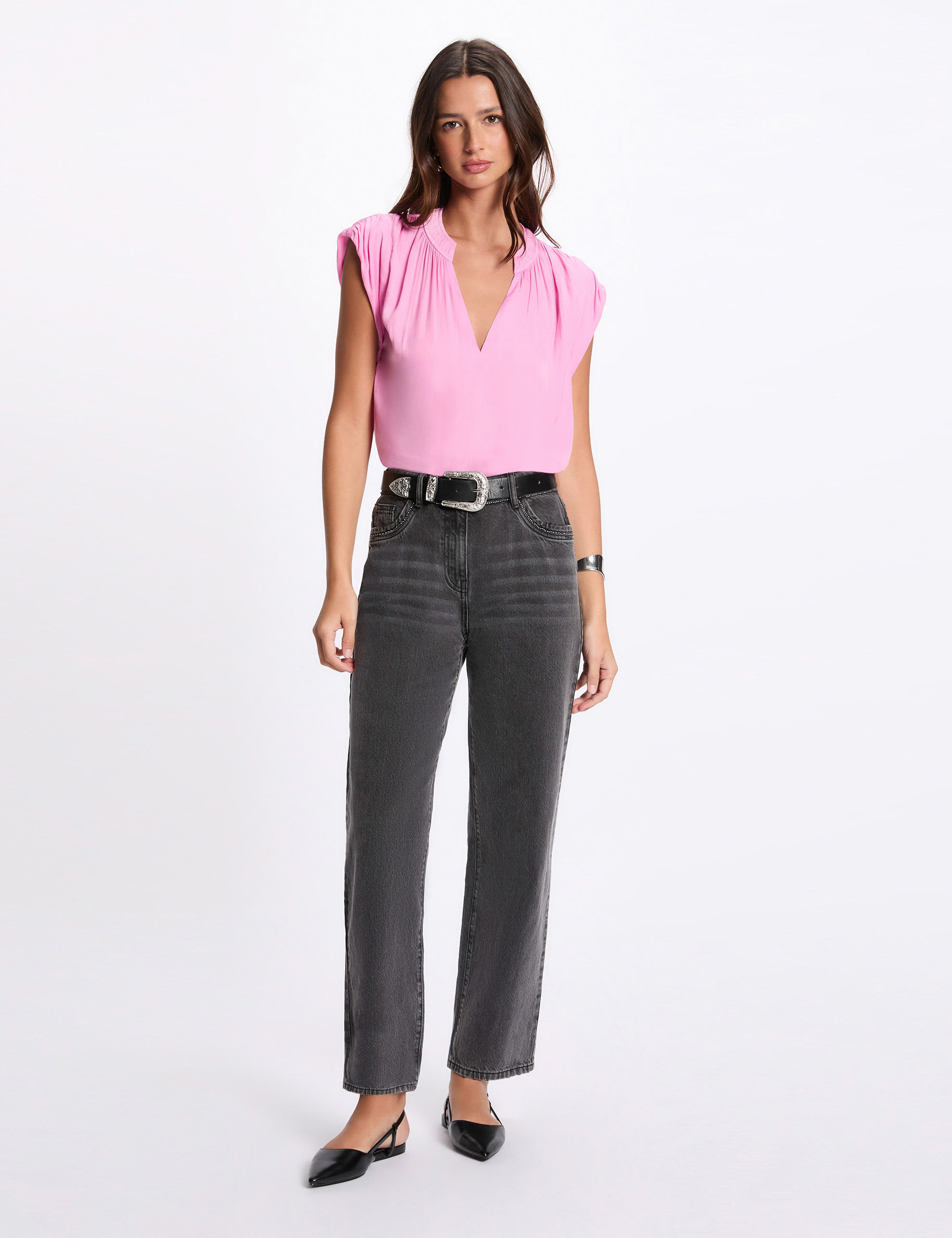 blouse manches courtes satin rose femme Blouse manches courtes satin rose femme
