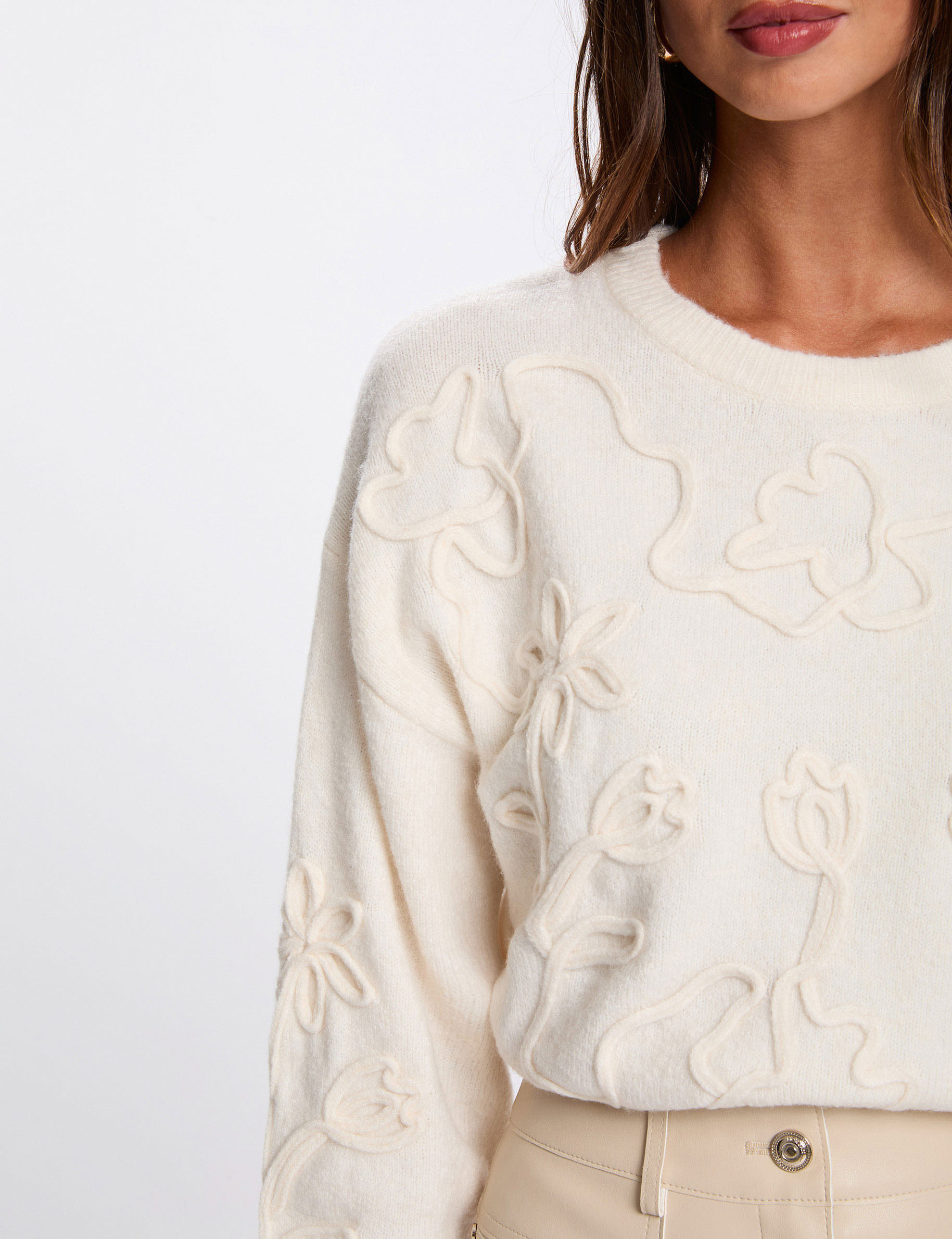 Pull col rond fantaisie ivoire femme