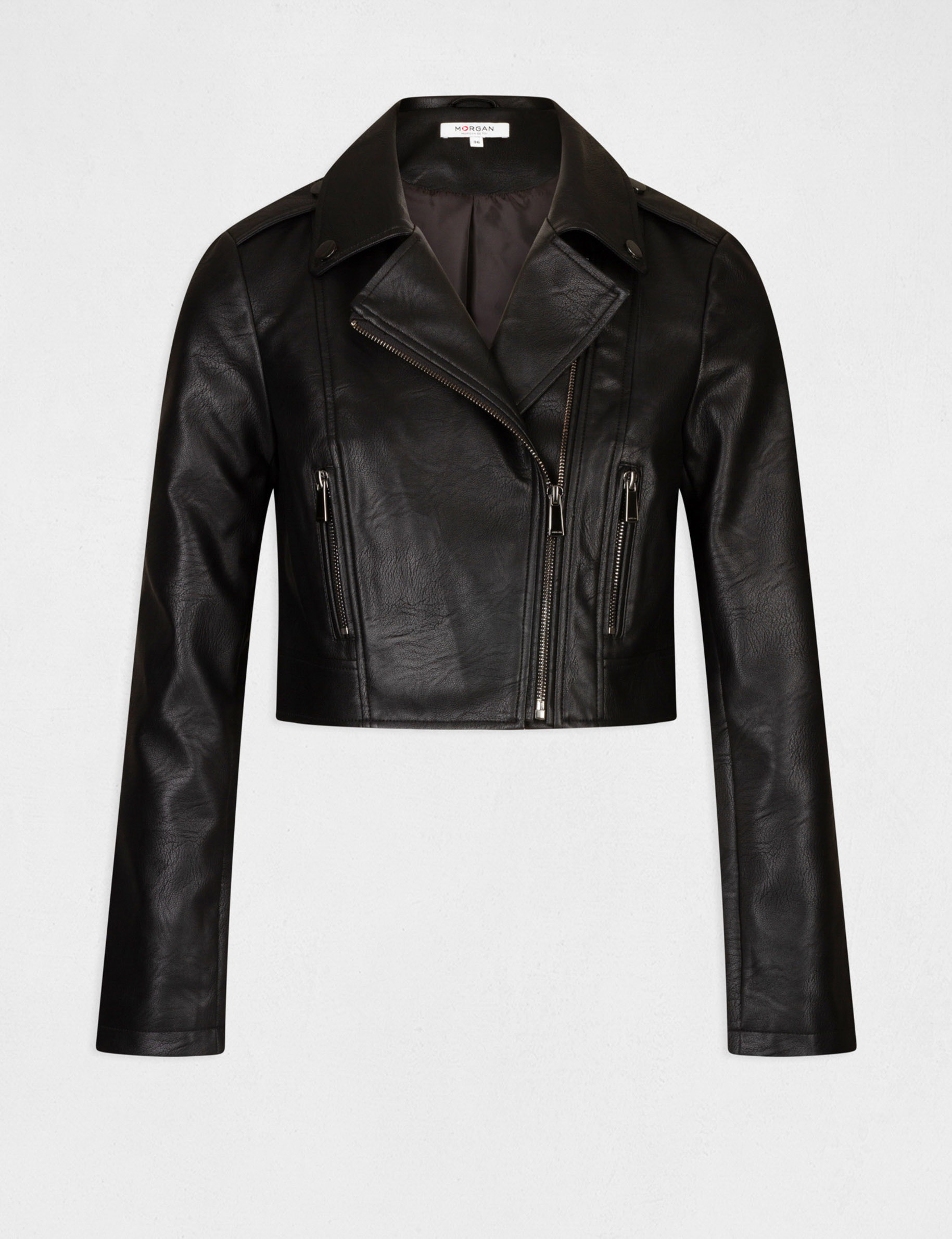 blouson droit zippe simili cuir noir femme Blouson droit zippé simili cuir noir femme