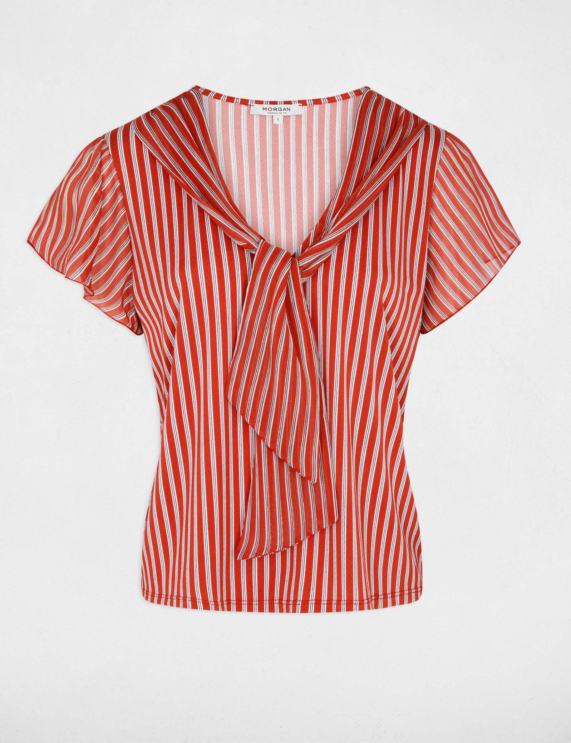 T-shirt col lavalli&egrave;re rouge femme