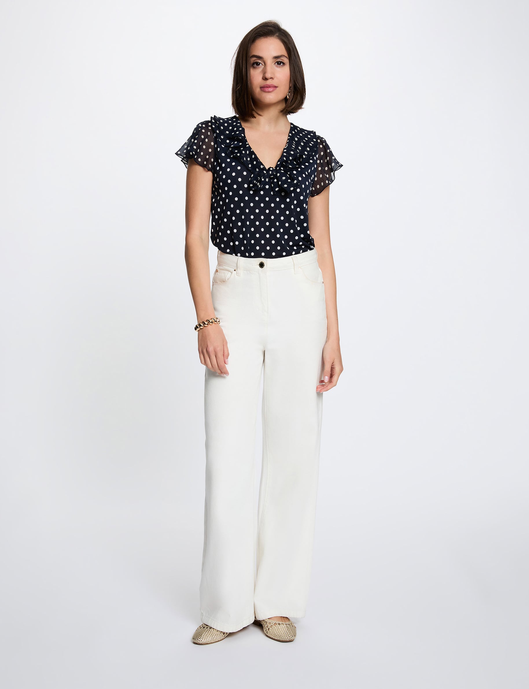 T-shirt voile col v bleu marine femme