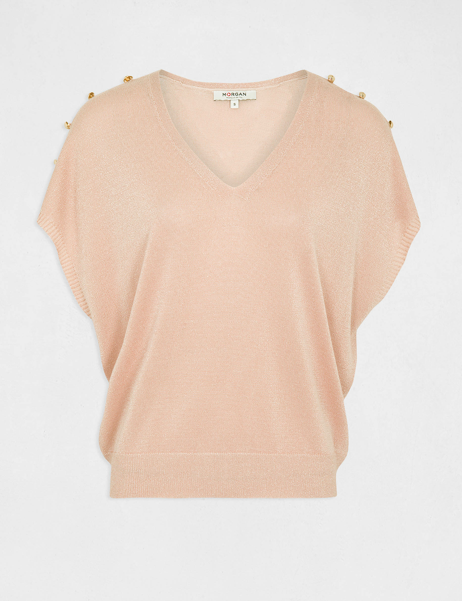 Pull manches courtes à col en V rose clair femme