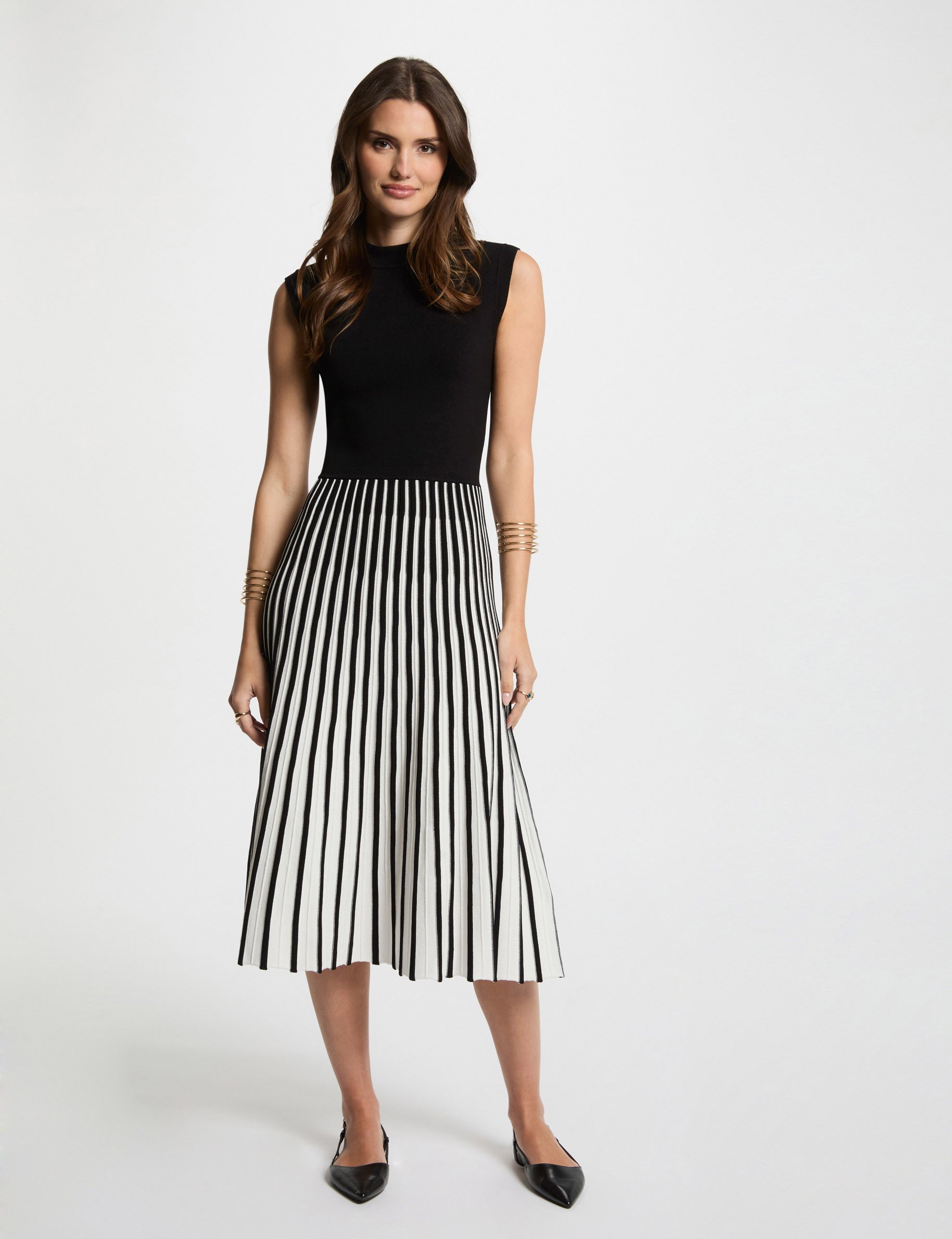 Robe tricot trapèze plissée noir femme