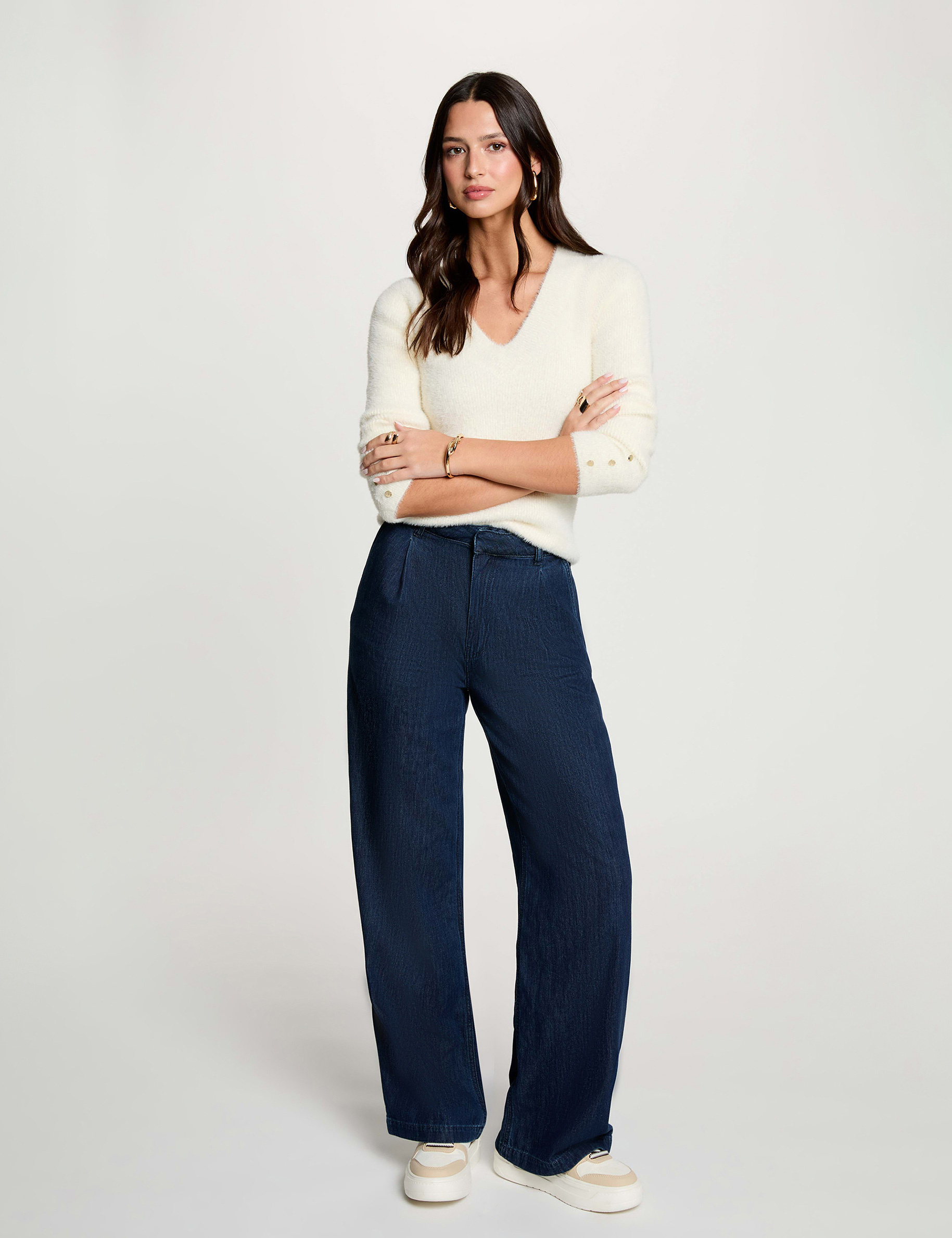 Pull col v manches longues ivoire femme