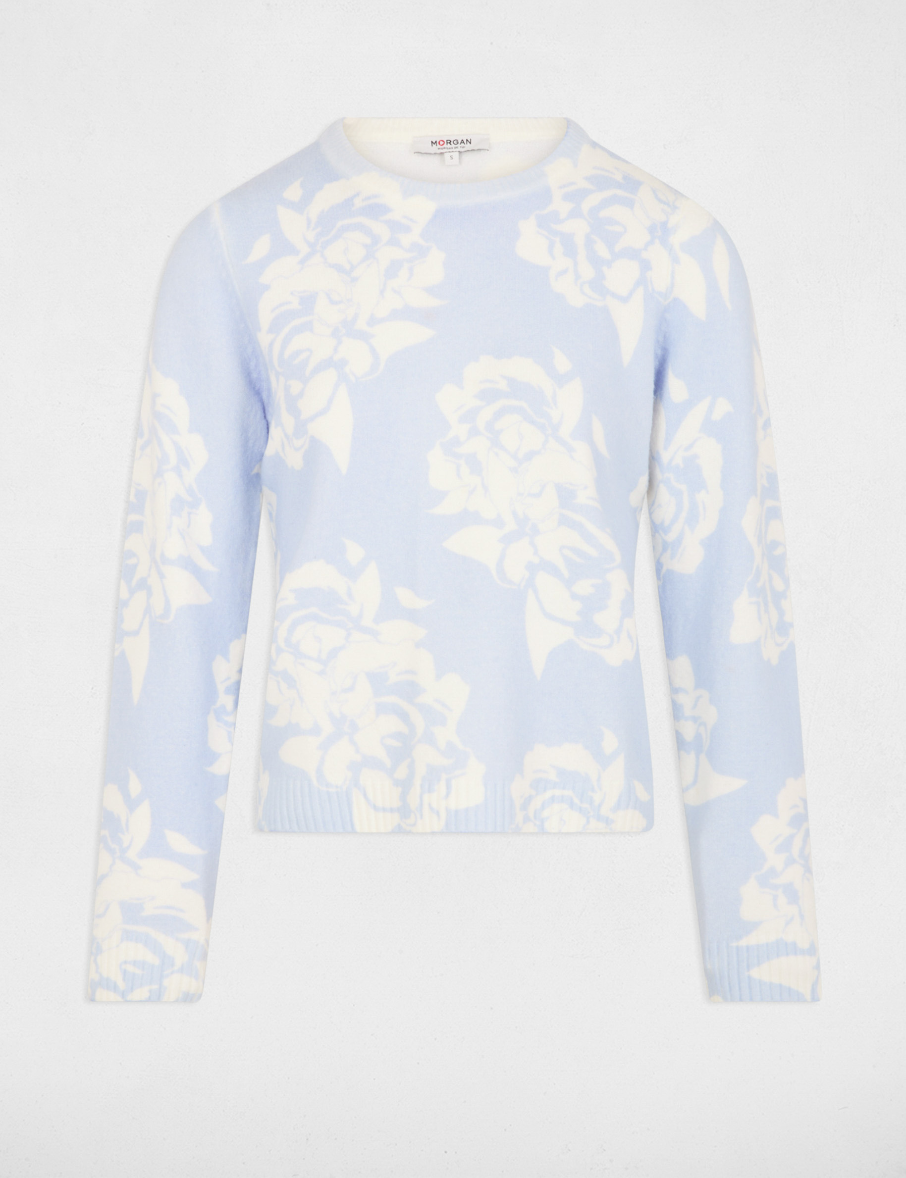 pull col rond imprime bleu ciel femme Pull col rond imprimé bleu ciel femme