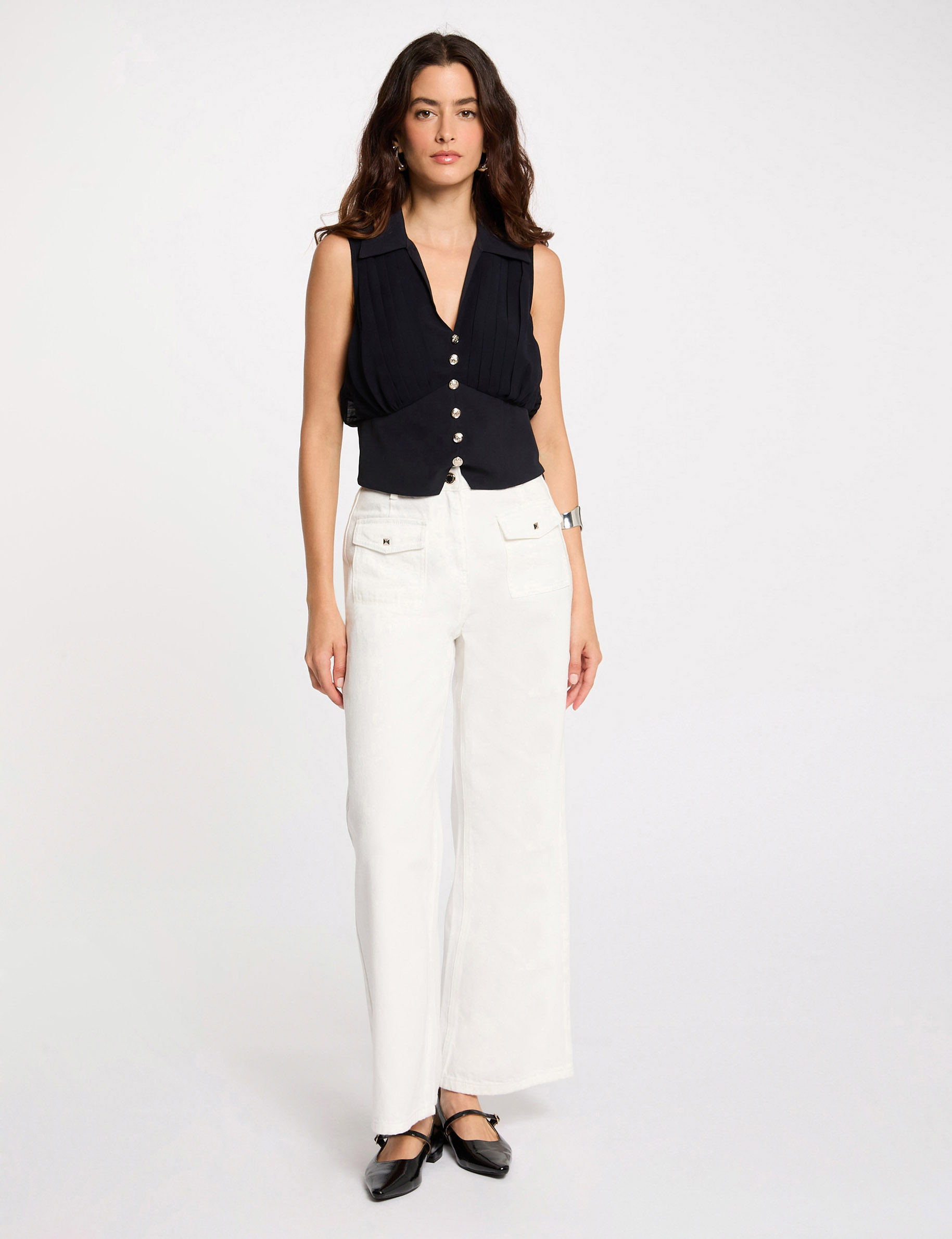 Top pliss&eacute; sans manches bleu marine femme