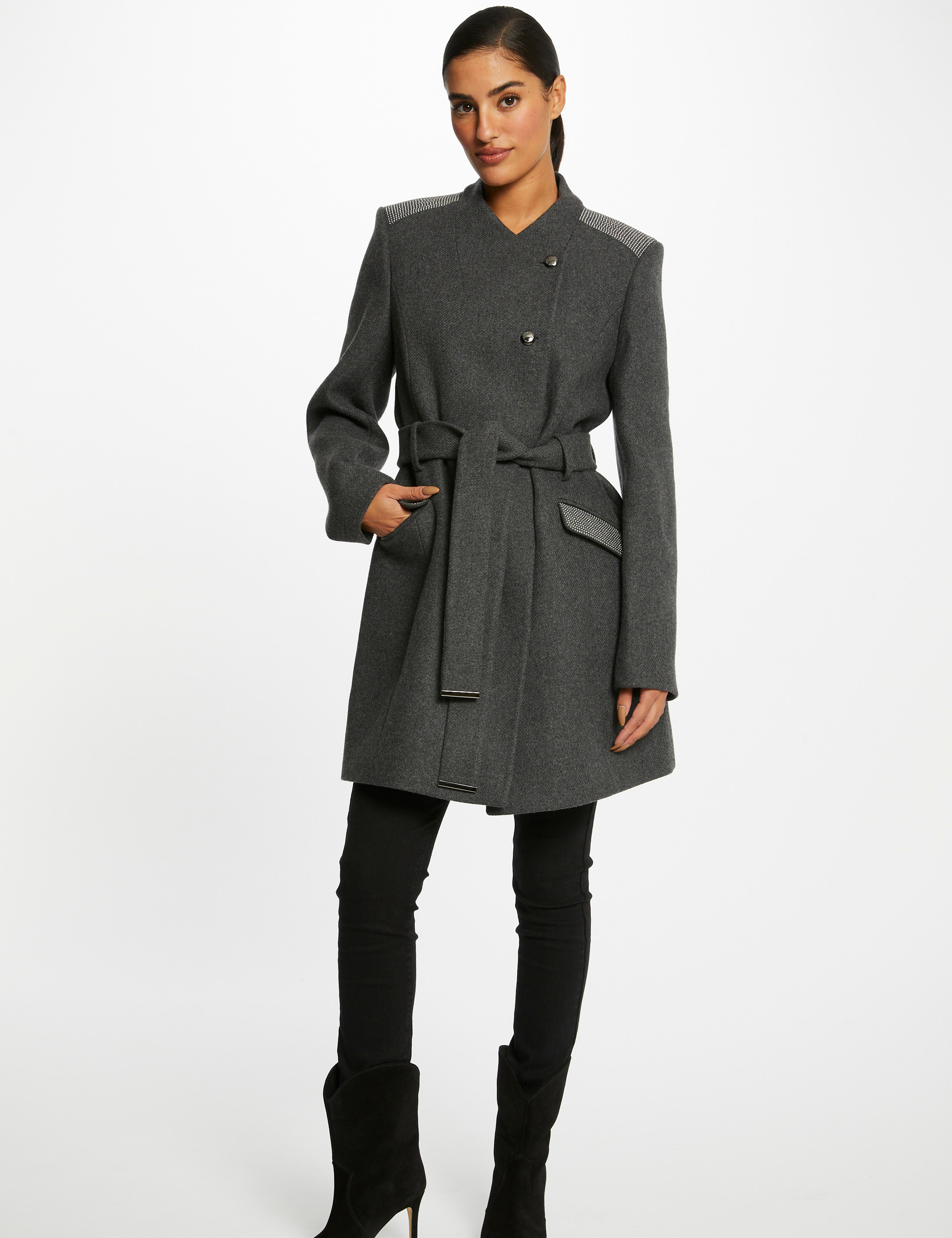 Manteau droit ceintur gris anthracite femme Morgan