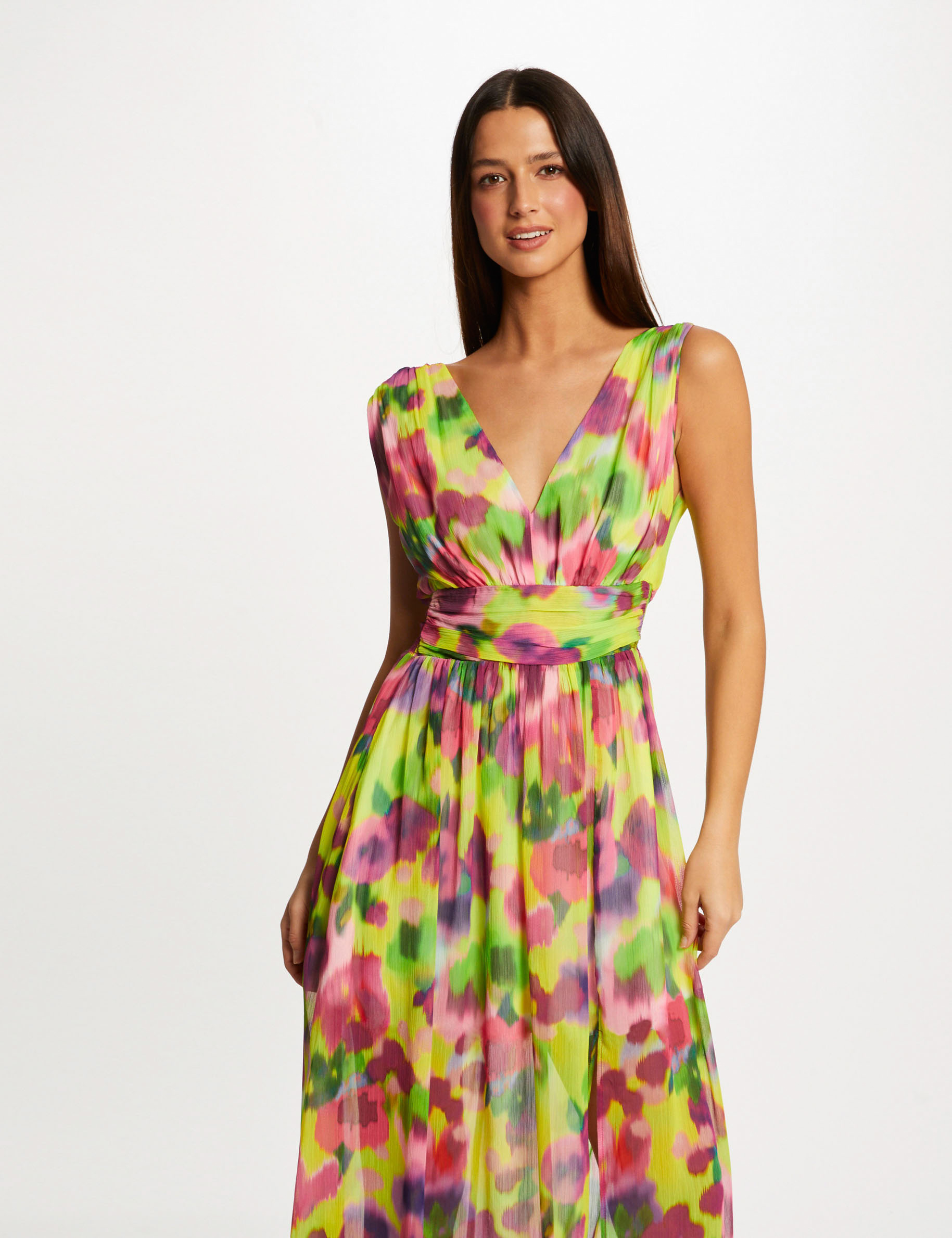 Robe longue cintrée imprimé abstrait multico femme