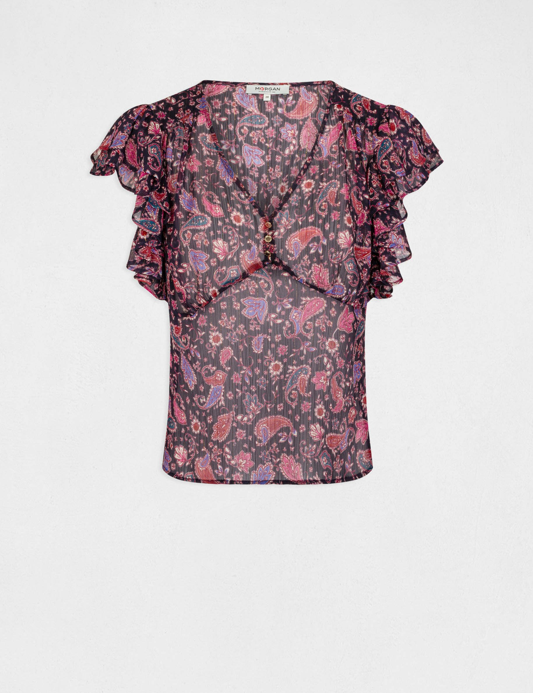 blouse manches courtes imprime cachemire marine femme Blouse manches courtes imprimé cachemire marine femme