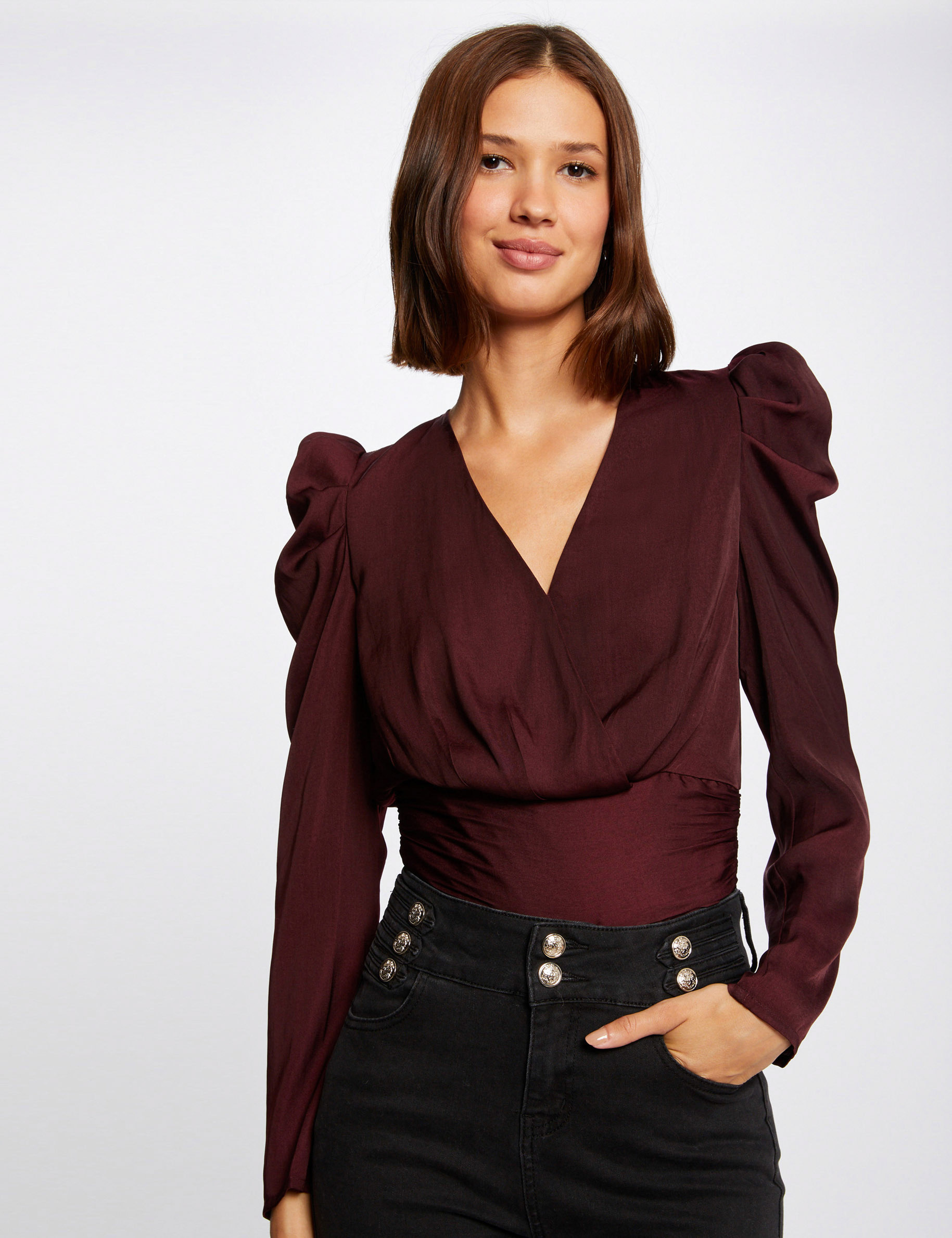 Blouse manches longues col cache-coeur prune femme Blouse manches longues col cache-coeur prune femme