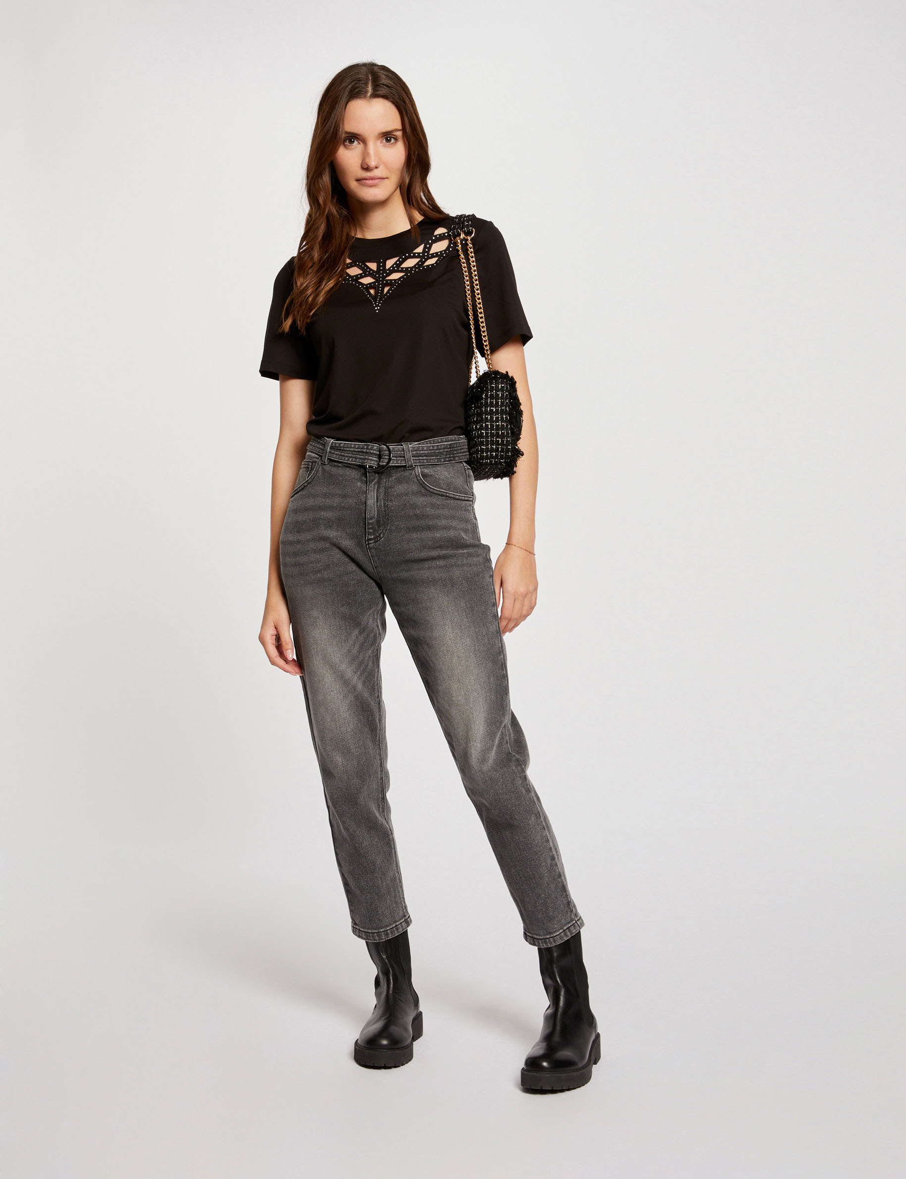 T-shirt manches courtes strass noir femme